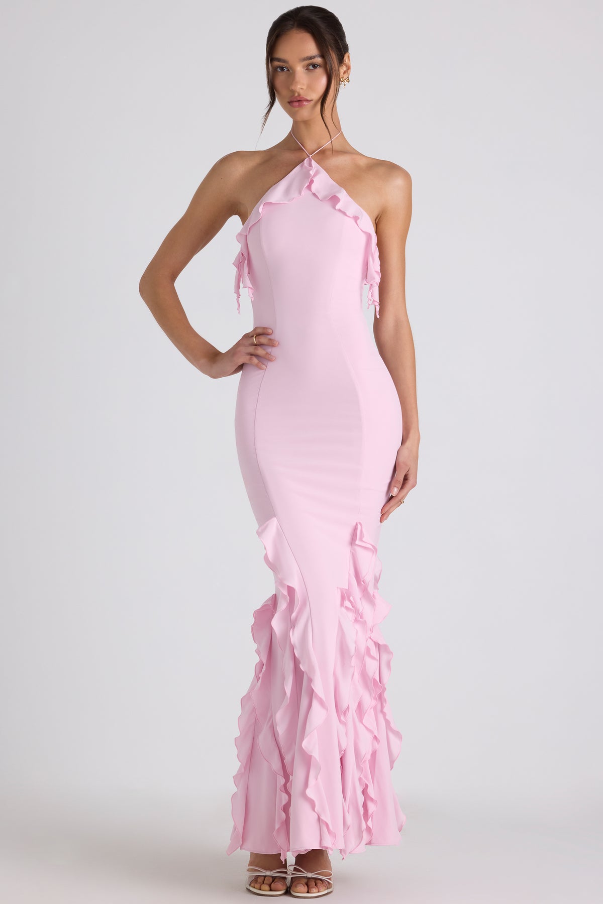 ⁣⁢Kleid mit Rüschenbesatz und Neckholder in Zartrosa⁤⁣