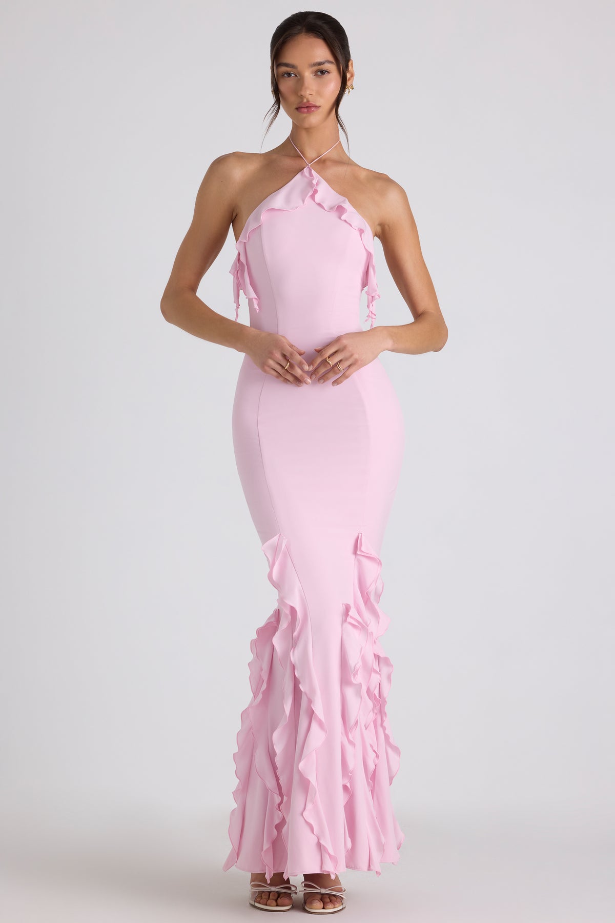 ⁣⁢Kleid mit Rüschenbesatz und Neckholder in Zartrosa⁤⁣