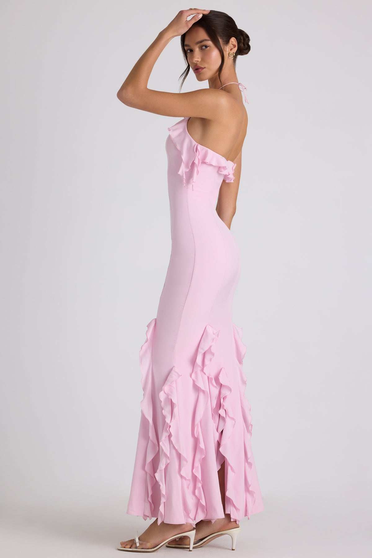 ⁣⁢Kleid mit Rüschenbesatz und Neckholder in Zartrosa⁤⁣