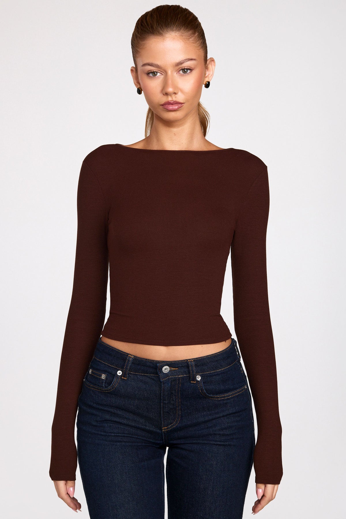 ⁣⁢Geräfftes Langarmshirt aus Ripp-Modal in Schokoladenbraun⁤⁣ - 1
