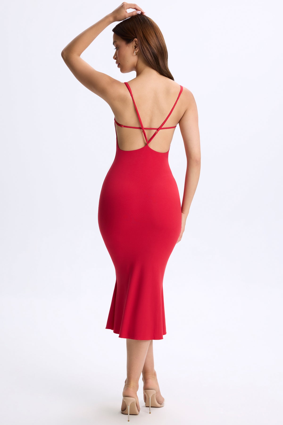 ⁣⁢Rückenfreies Modal-Midaxikleid mit tiefem Ausschnitt in Kirschrot⁤⁣