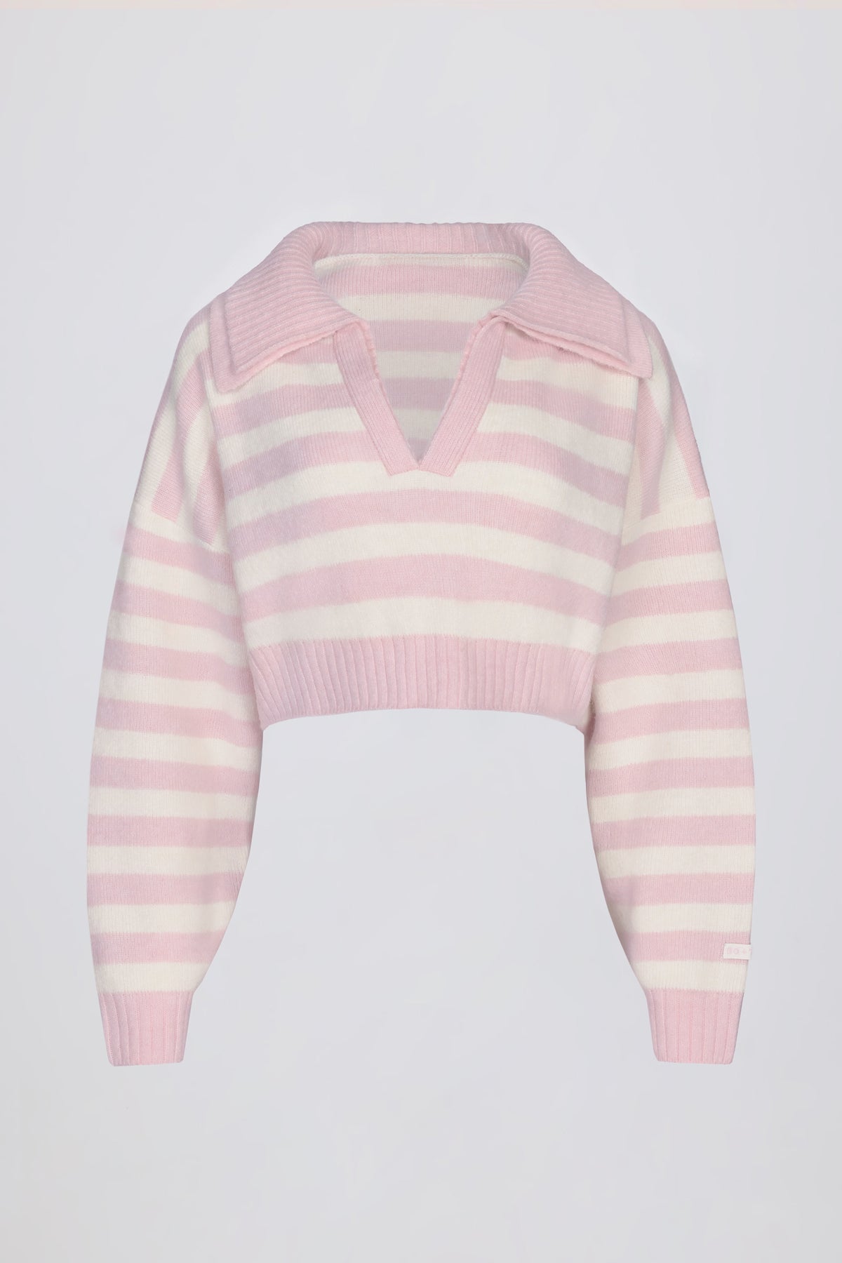 ⁣⁢Cropped-Pullover aus weichem Strick mit Lagenkragen mit rosa Streifen⁤⁣
