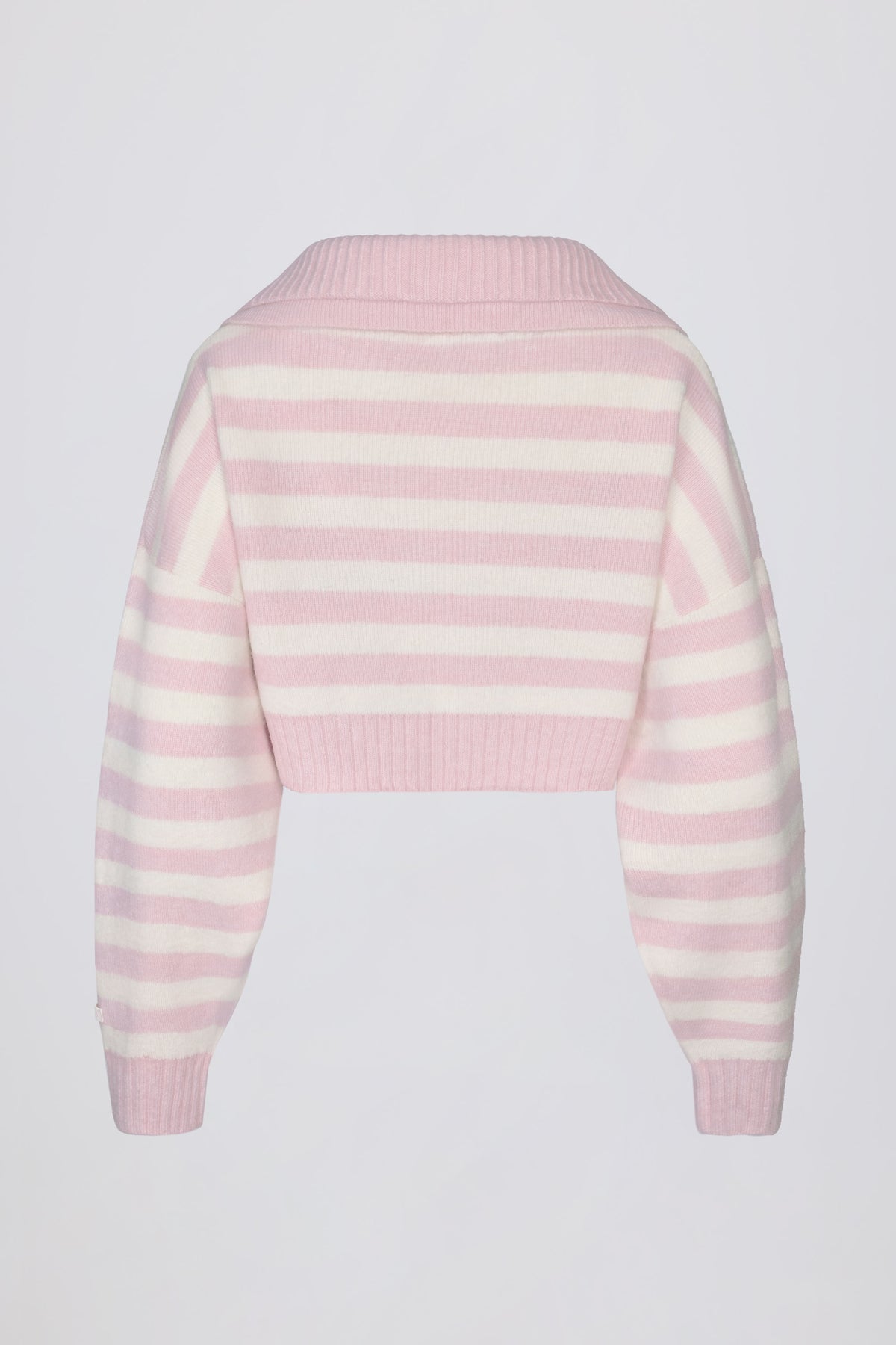 ⁣⁢Cropped-Pullover aus weichem Strick mit Lagenkragen mit rosa Streifen⁤⁣