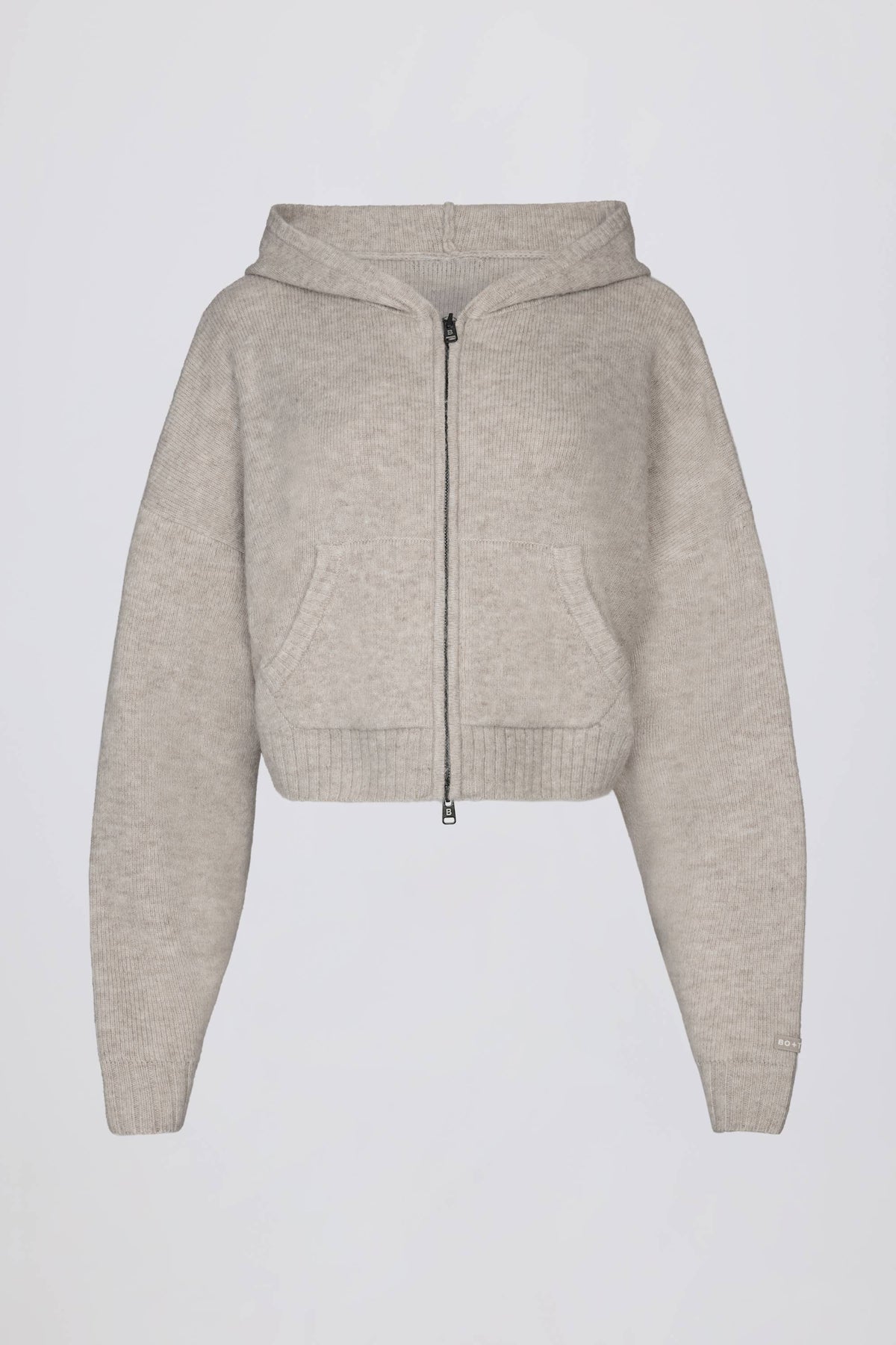 ⁣⁢Cropped-Hoodie aus weichem Strick mit Reißverschluss in Beige⁤⁣