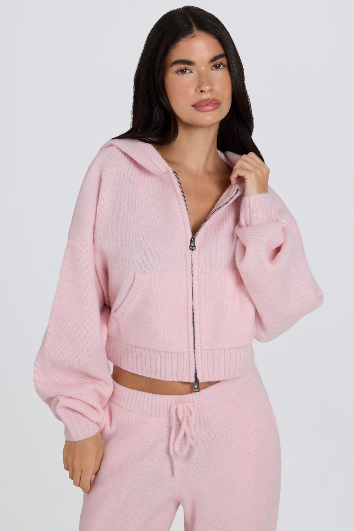 ⁣⁢Cropped Hoodie mit Reißverschluss aus Soft Knit in Soft Pink⁤⁣ - 1