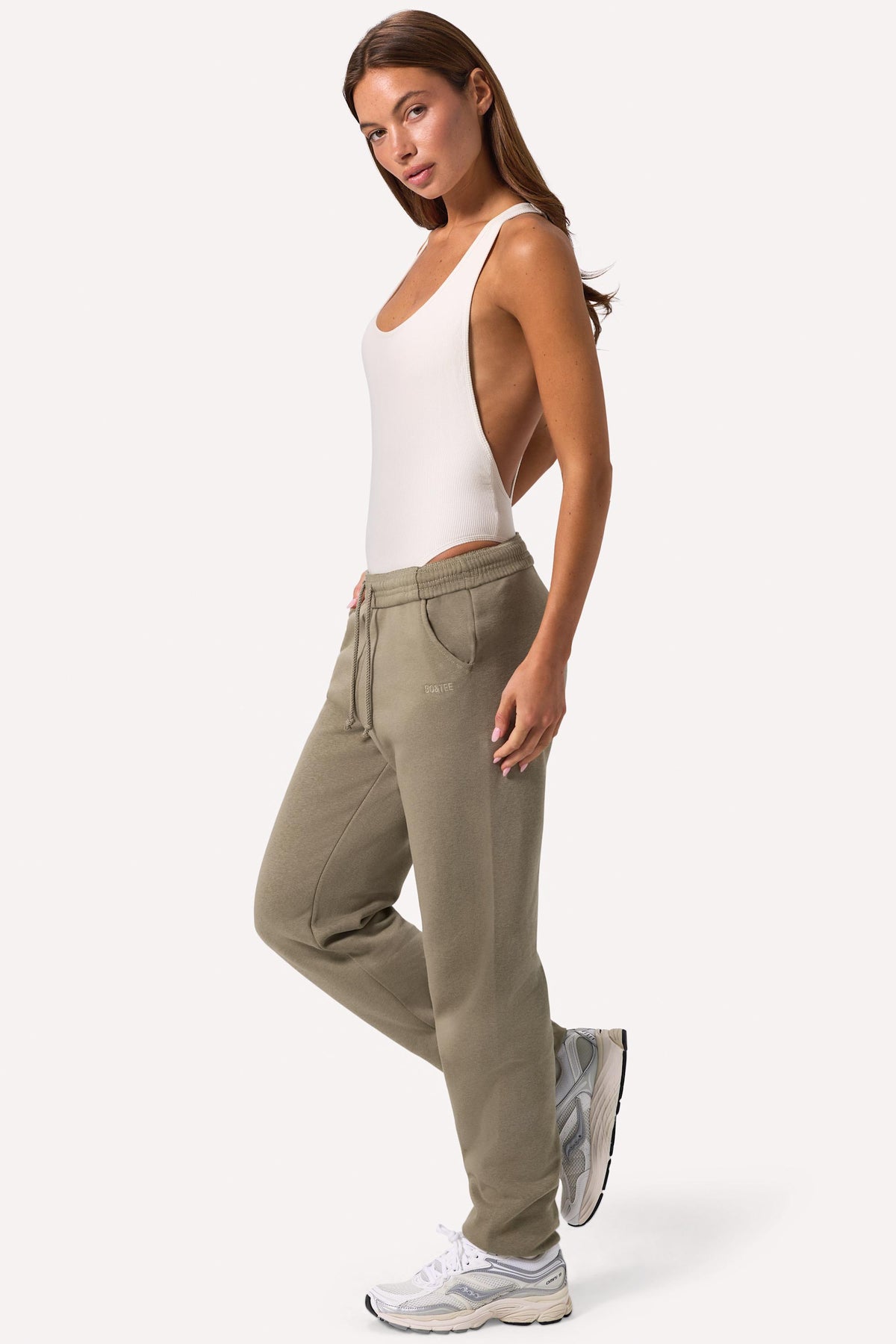 ⁣⁢Mid-Waist-Jogginghose aus Baumwollfleece in Khaki⁤⁣
