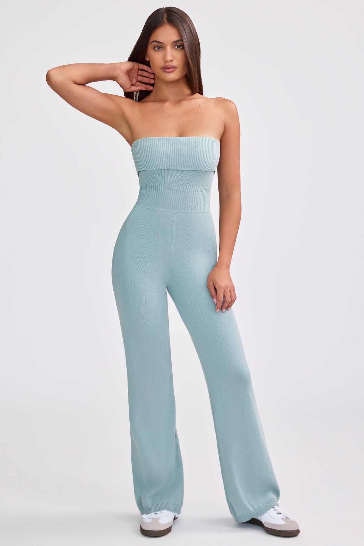 ⁣⁢Chunky Strick Bandeau Jumpsuit mit Kick Flare in Dusty Teal⁤⁣
