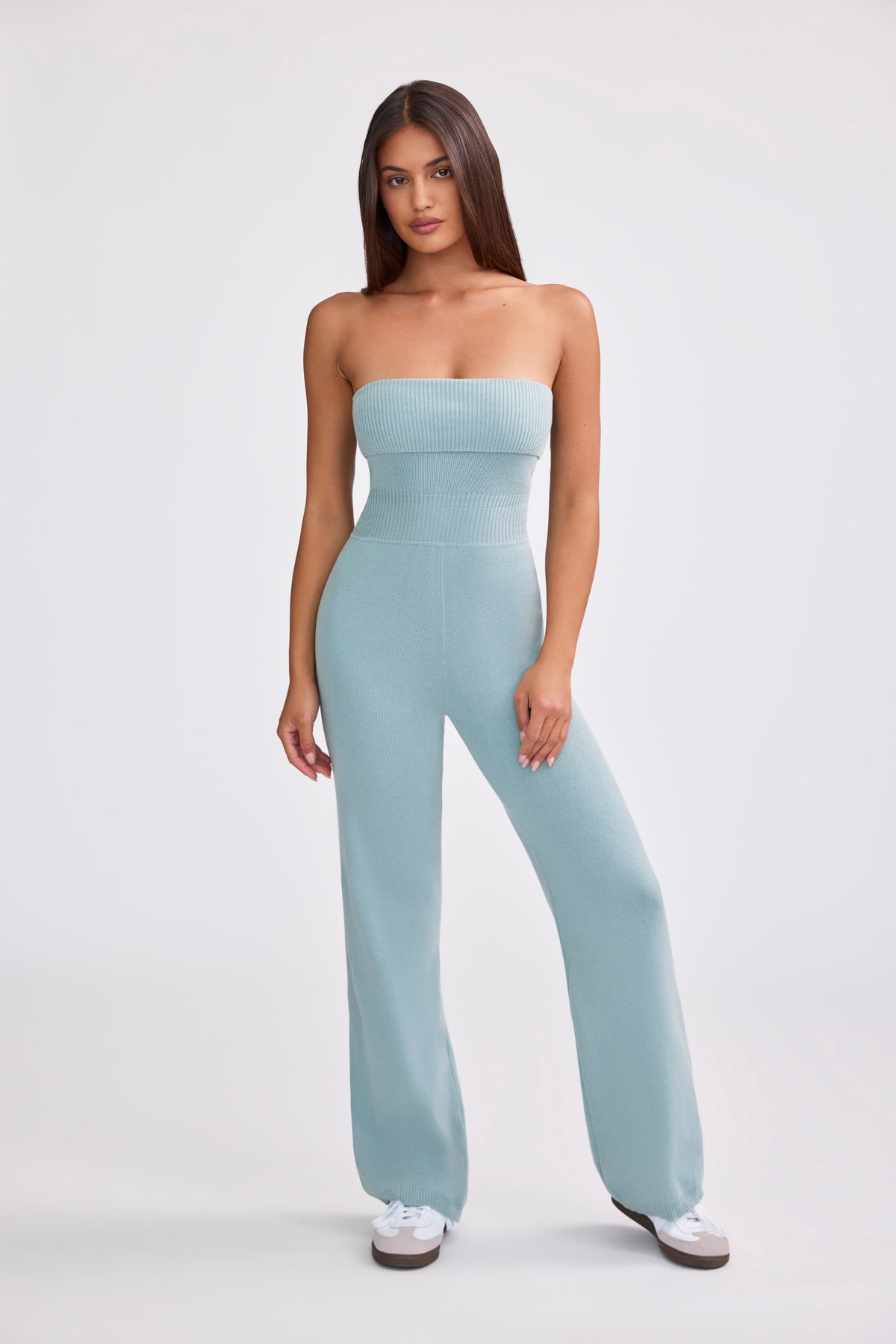 ⁣⁢Chunky Strick Bandeau Jumpsuit mit Kick Flare in Dusty Teal⁤⁣