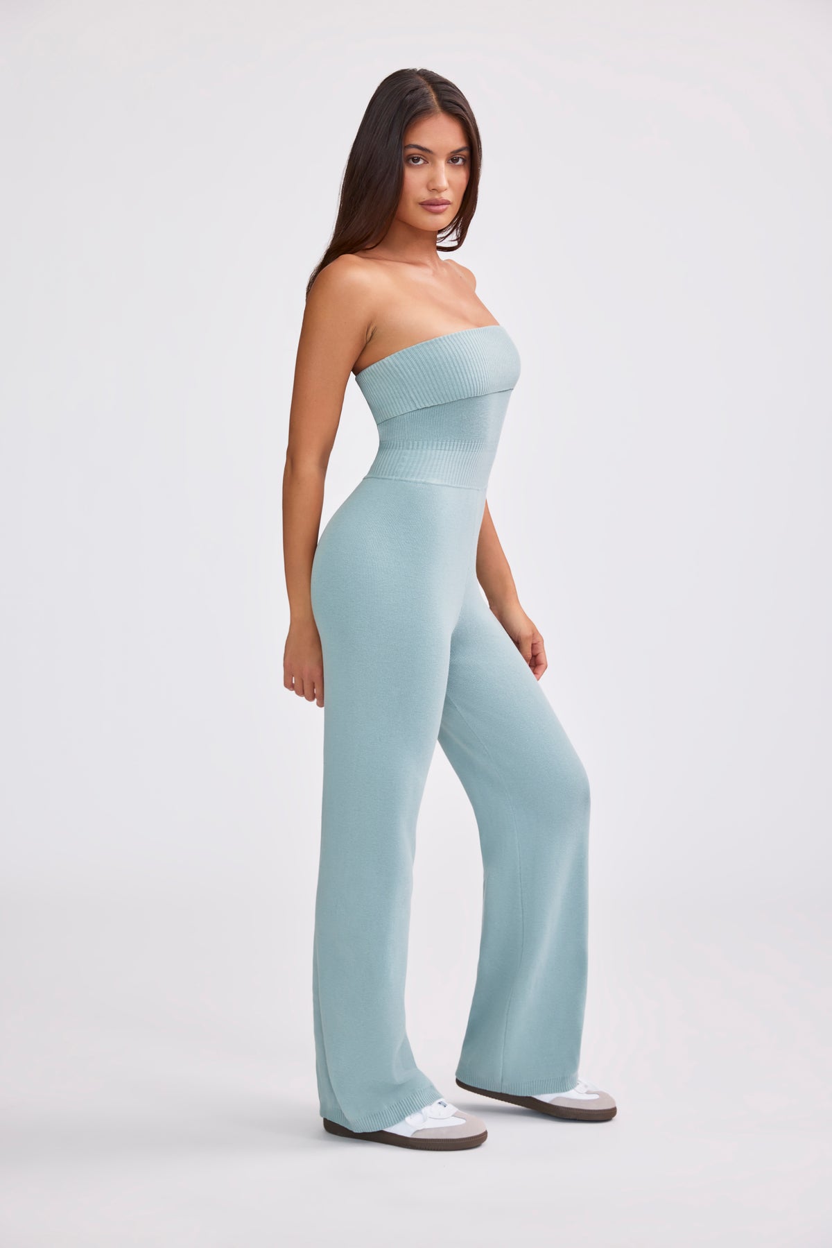 ⁣⁢Chunky Strick Bandeau Jumpsuit mit Kick Flare in Dusty Teal⁤⁣