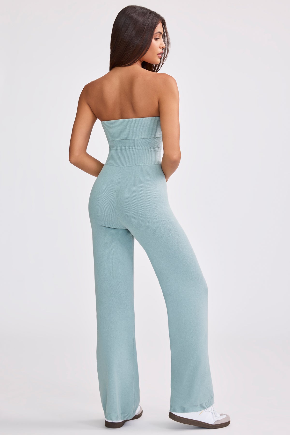 ⁣⁢Chunky Strick Bandeau Jumpsuit mit Kick Flare in Dusty Teal⁤⁣
