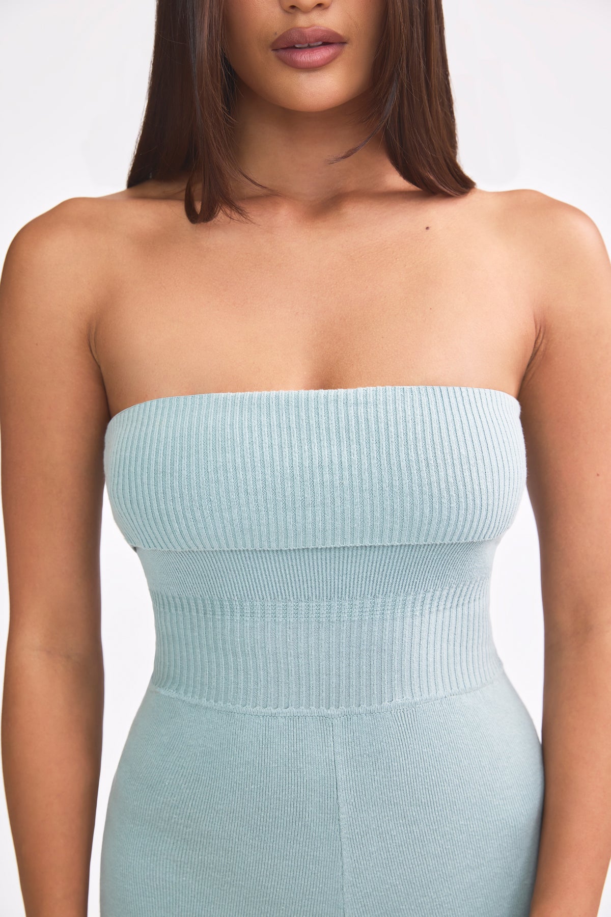 ⁣⁢Chunky Strick Bandeau Jumpsuit mit Kick Flare in Dusty Teal⁤⁣