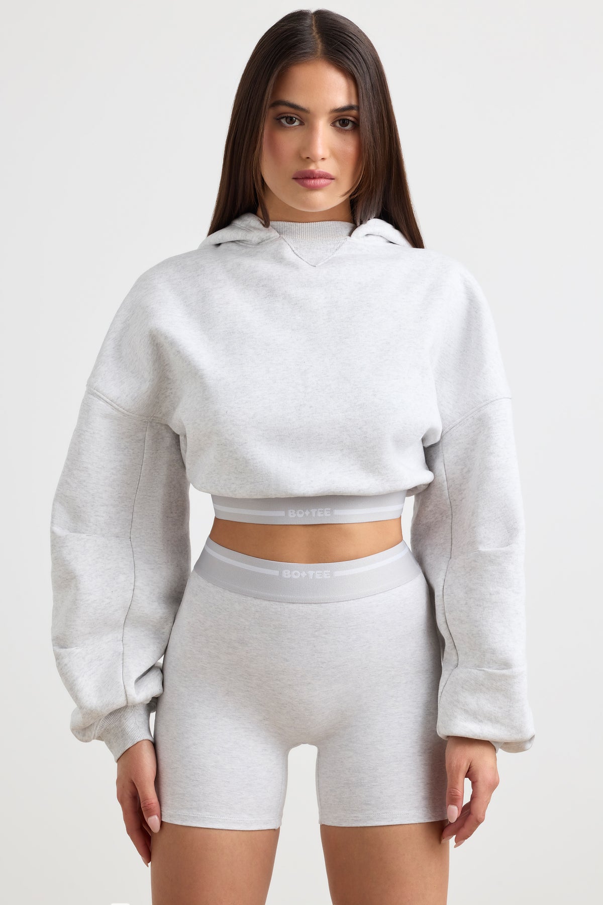 ⁣⁢Stretch-Baumwollfleece Cropped Hoodie in Grau meliert⁤⁣