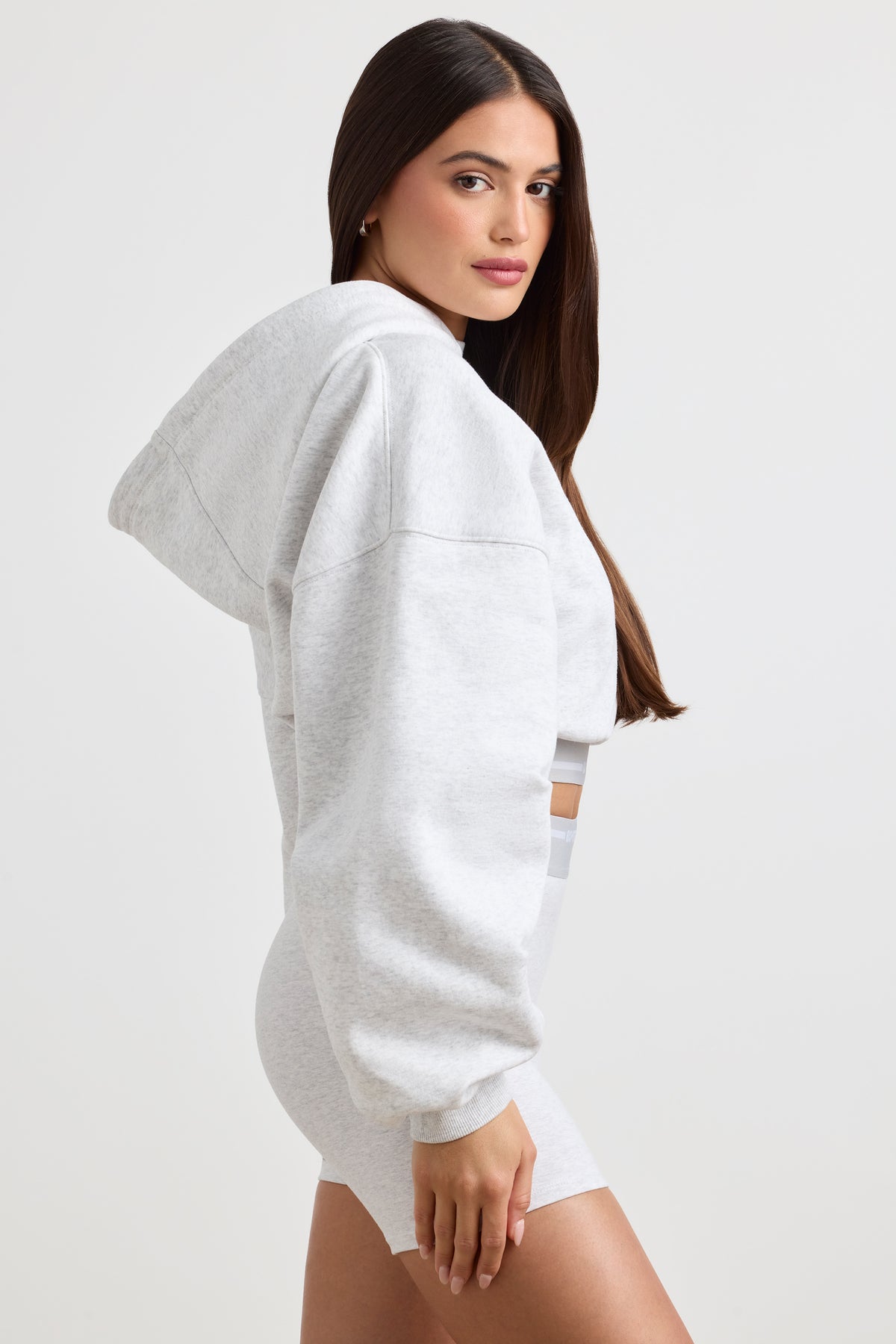 ⁣⁢Stretch-Baumwollfleece Cropped Hoodie in Grau meliert⁤⁣