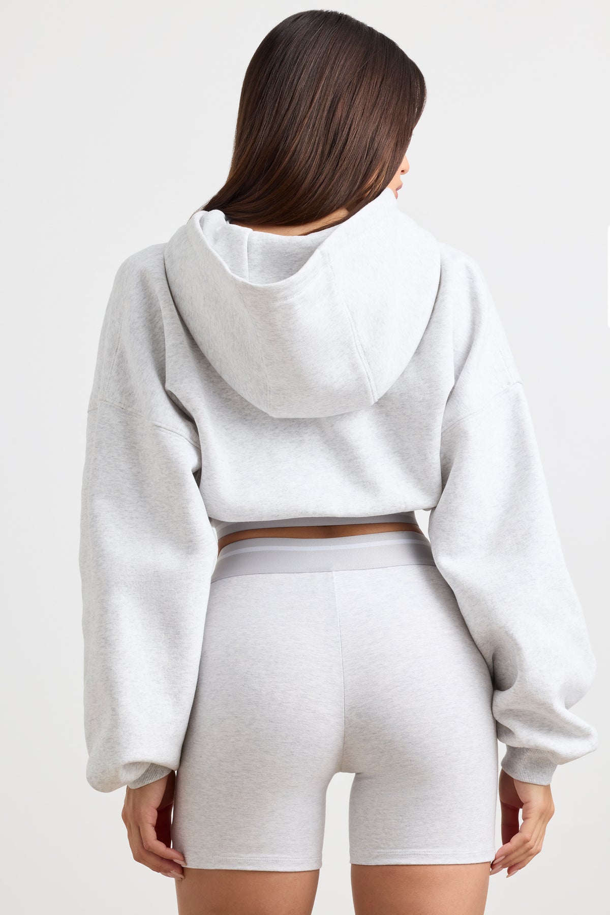 ⁣⁢Stretch-Baumwollfleece Cropped Hoodie in Grau meliert⁤⁣
