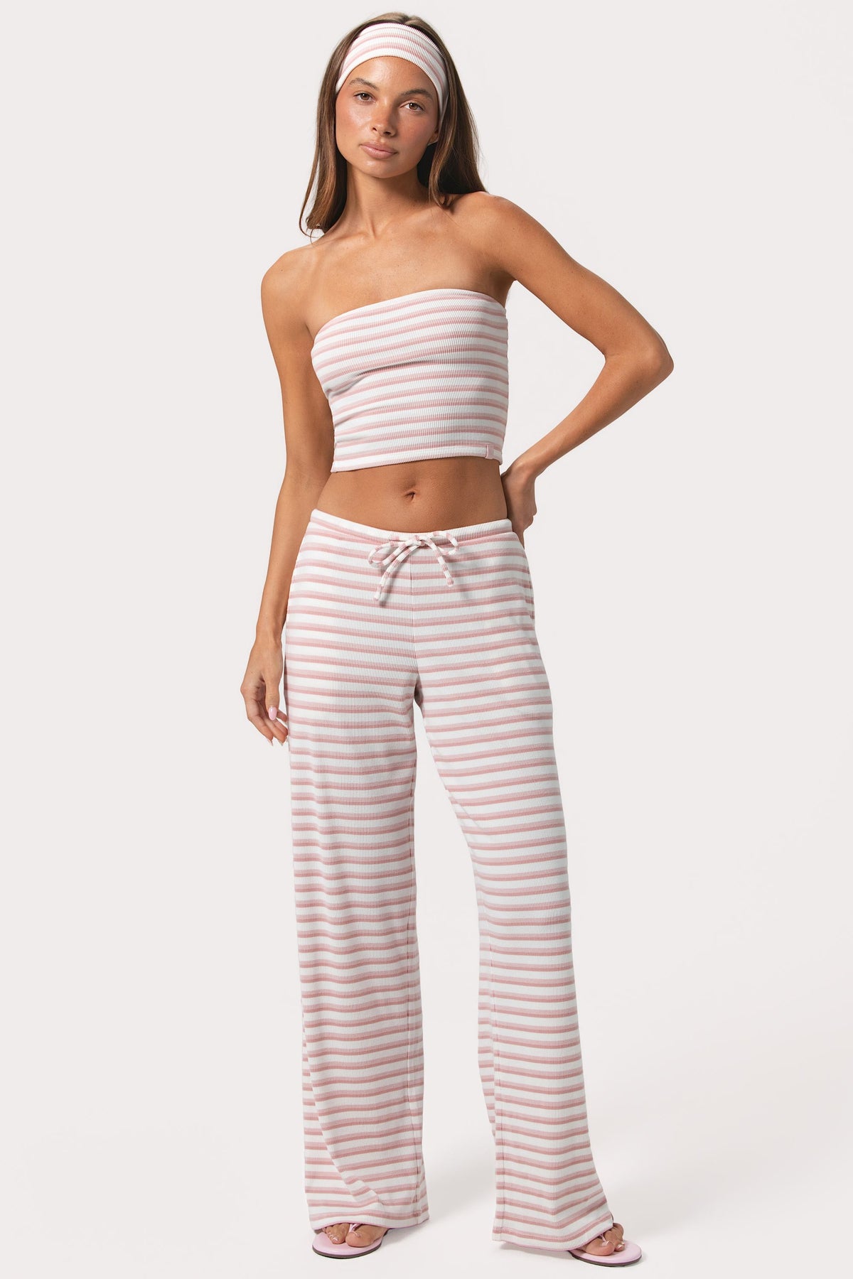 ⁣⁢Geripptes Jersey Bandeau-Top in Pink Stripe⁤⁣
