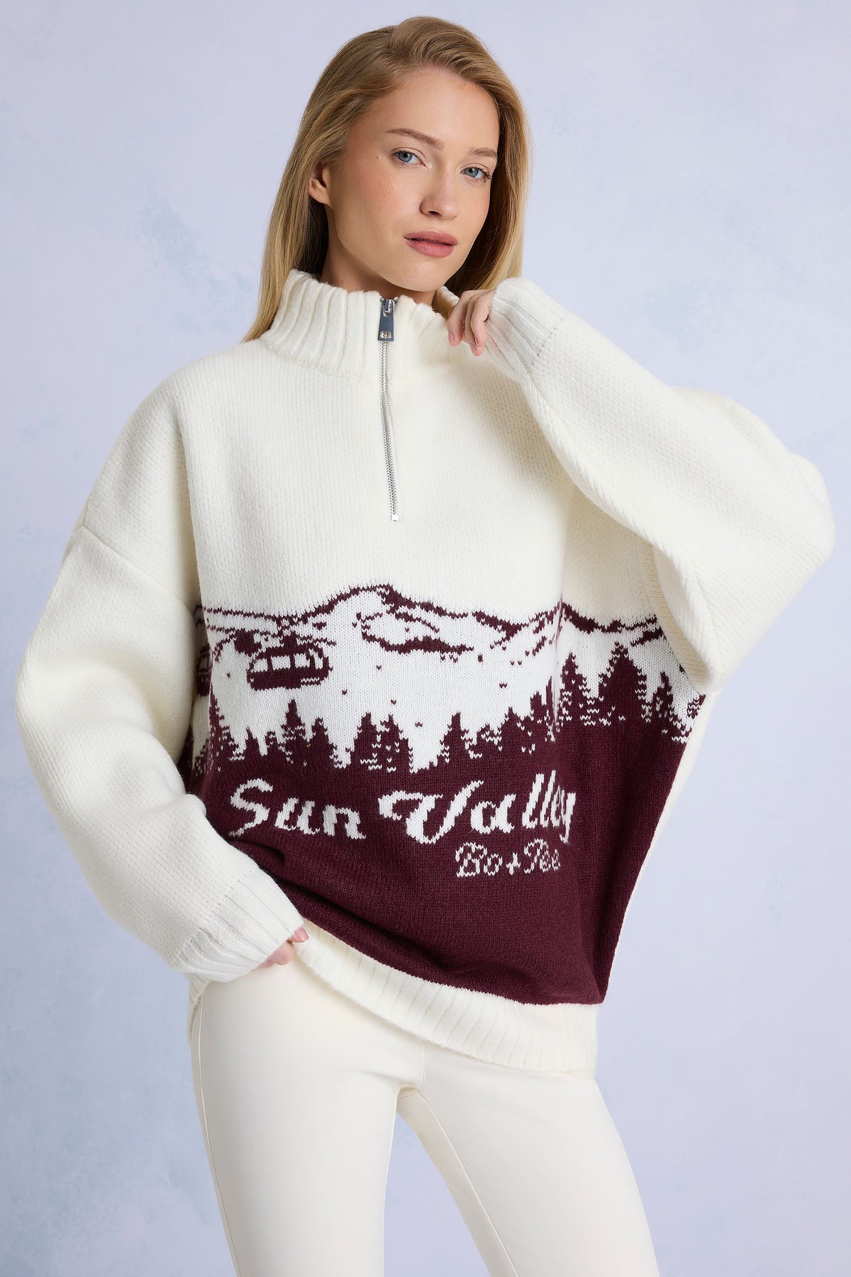 ⁣⁢Oversized-Rollkragenpullover aus Strick mit kurzem Reißverschluss in Bordeaux⁤⁣ - 1