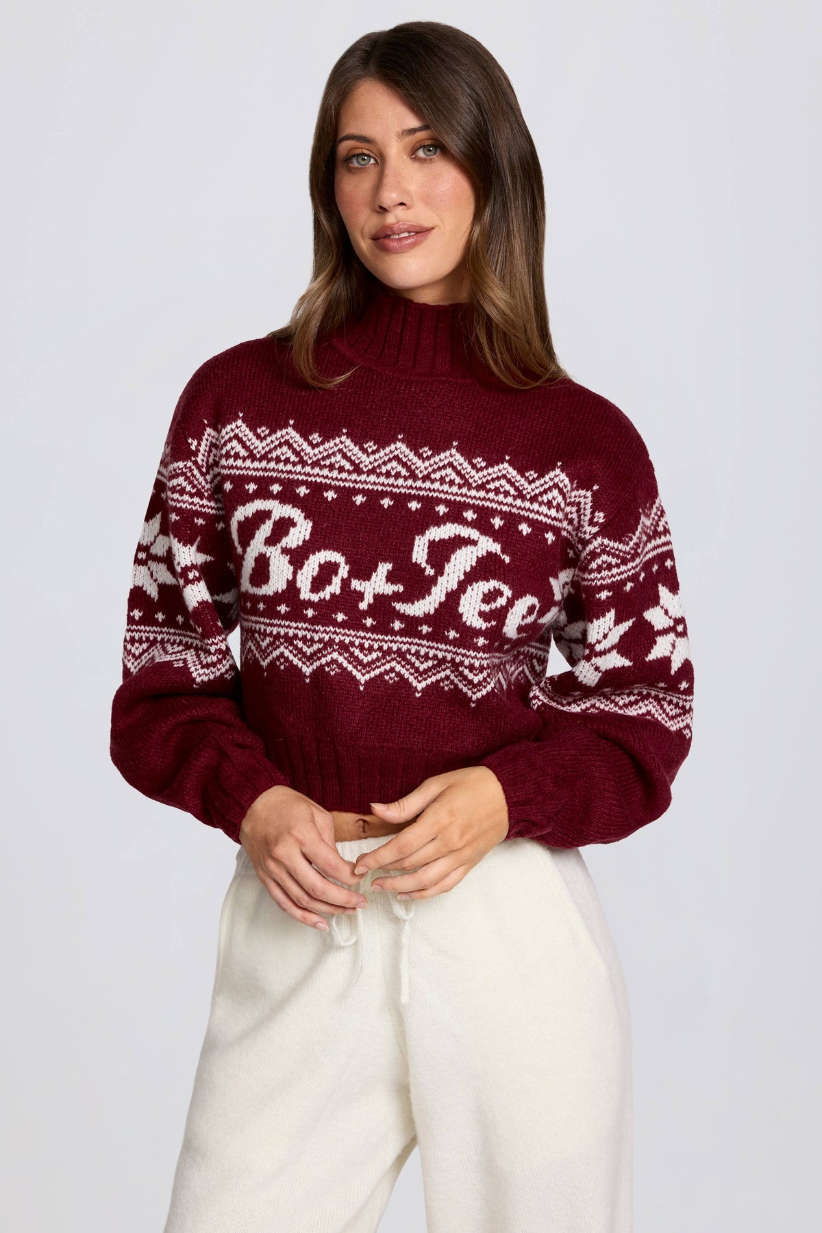 ⁣⁢Jacquard-Strick Cropped Pullover in Crimson Red⁤⁣