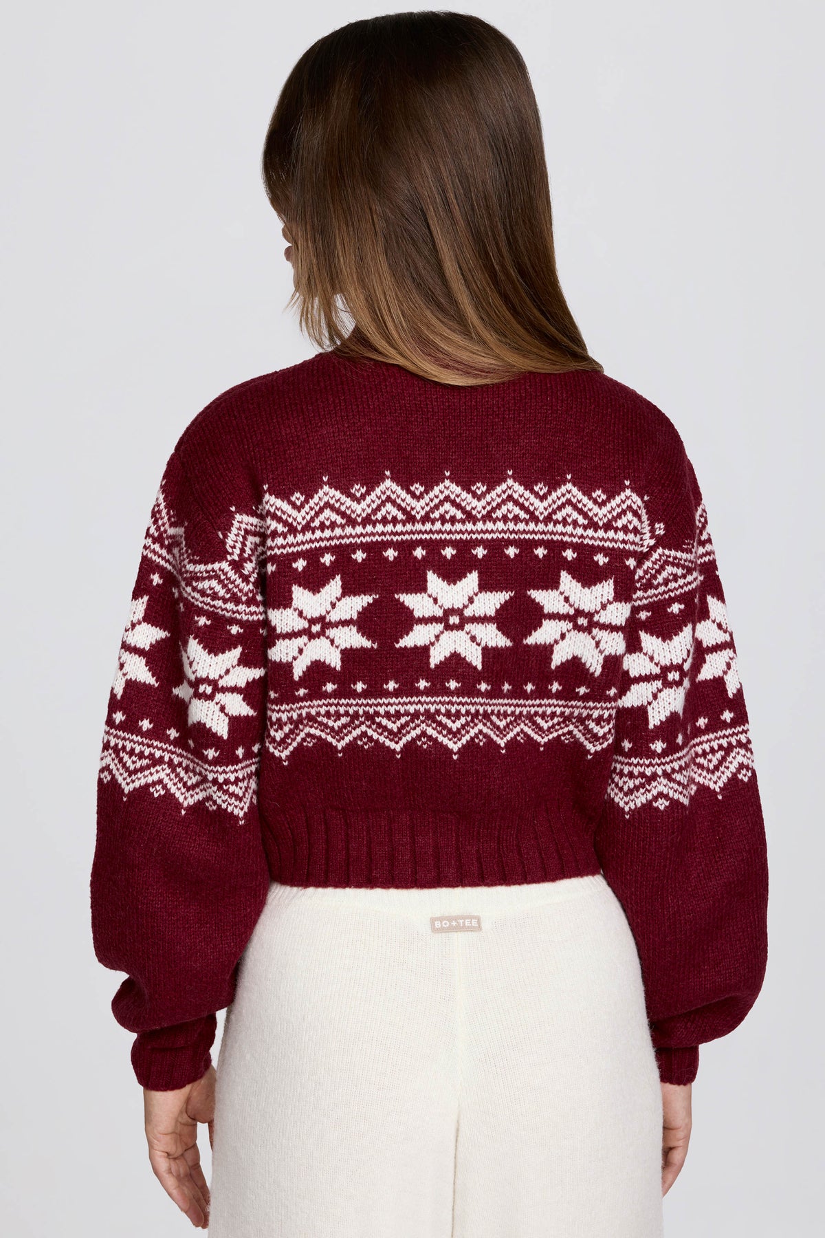 ⁣⁢Jacquard-Strick Cropped Pullover in Crimson Red⁤⁣
