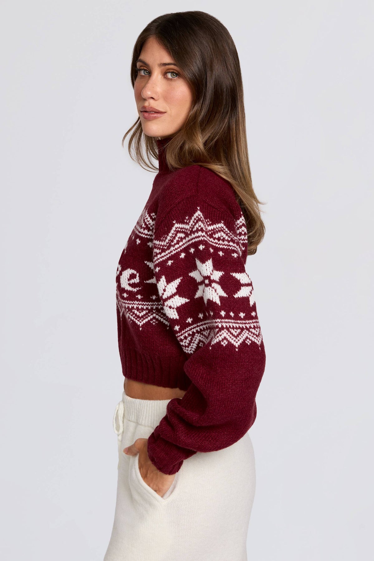 ⁣⁢Jacquard-Strick Cropped Pullover in Crimson Red⁤⁣