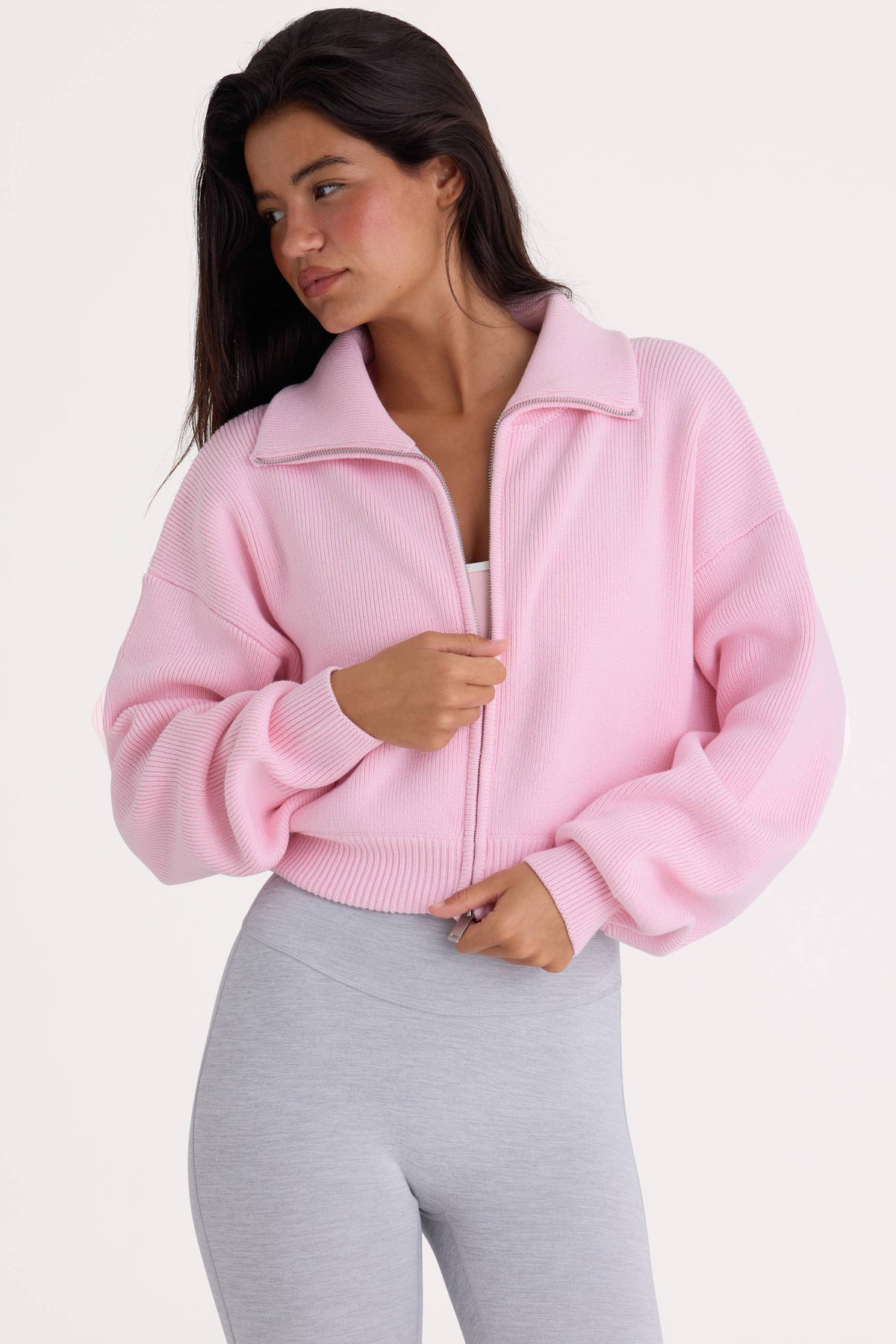 ⁣⁢Gekropptes Sweatshirt mit Reißverschluss aus Rippstrick in Zartrosa⁤⁣ - 2