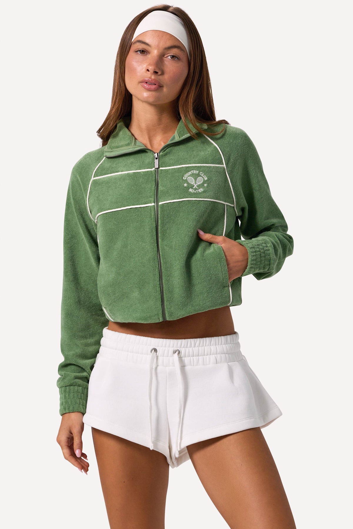 ⁣⁢Cropped-Sweatshirt aus Frottee mit Reißverschluss in Jadegrün⁤⁣