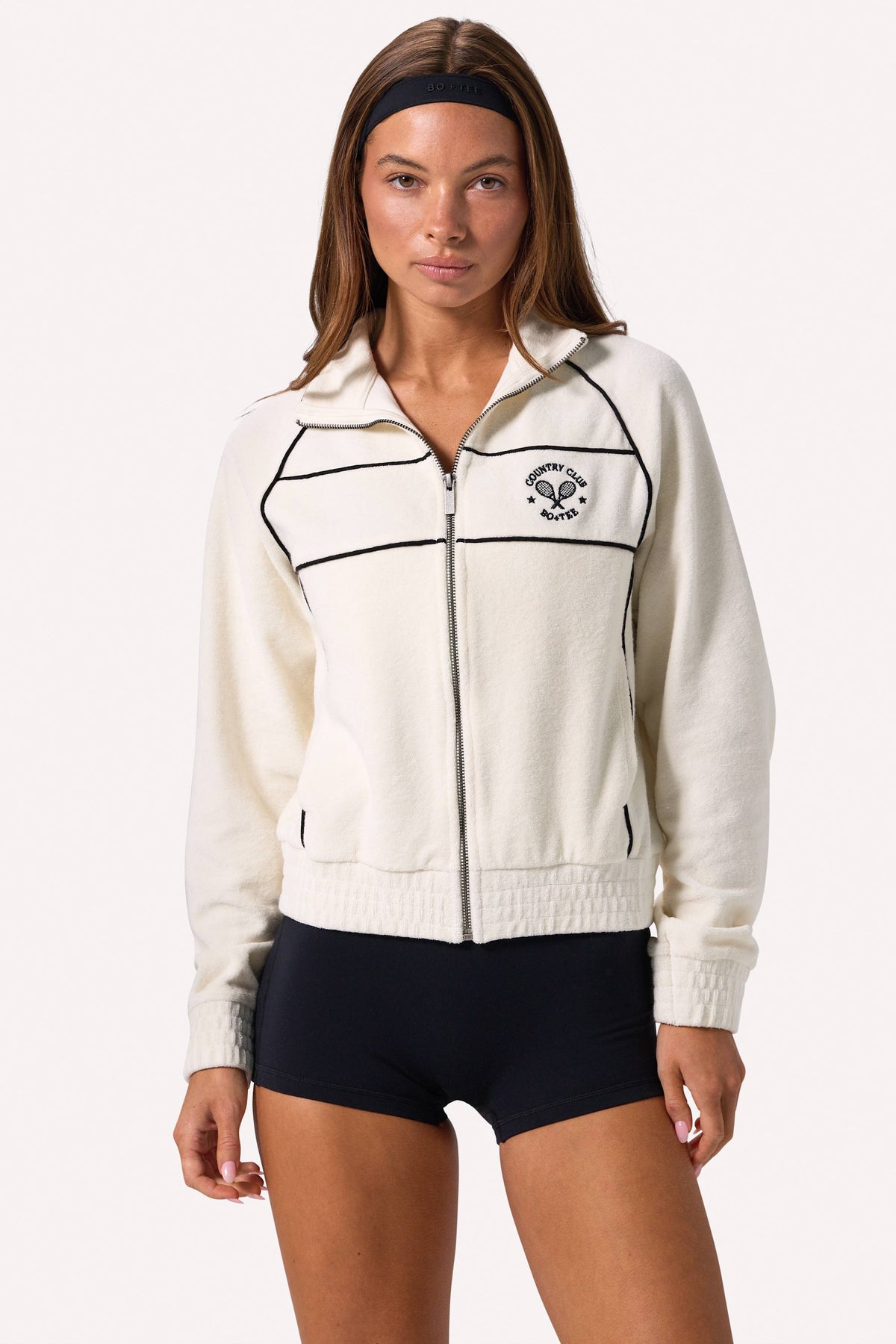 ⁣⁢Terry-Frottee Reißverschluss Cropped Sweatshirt in Ivory⁤⁣