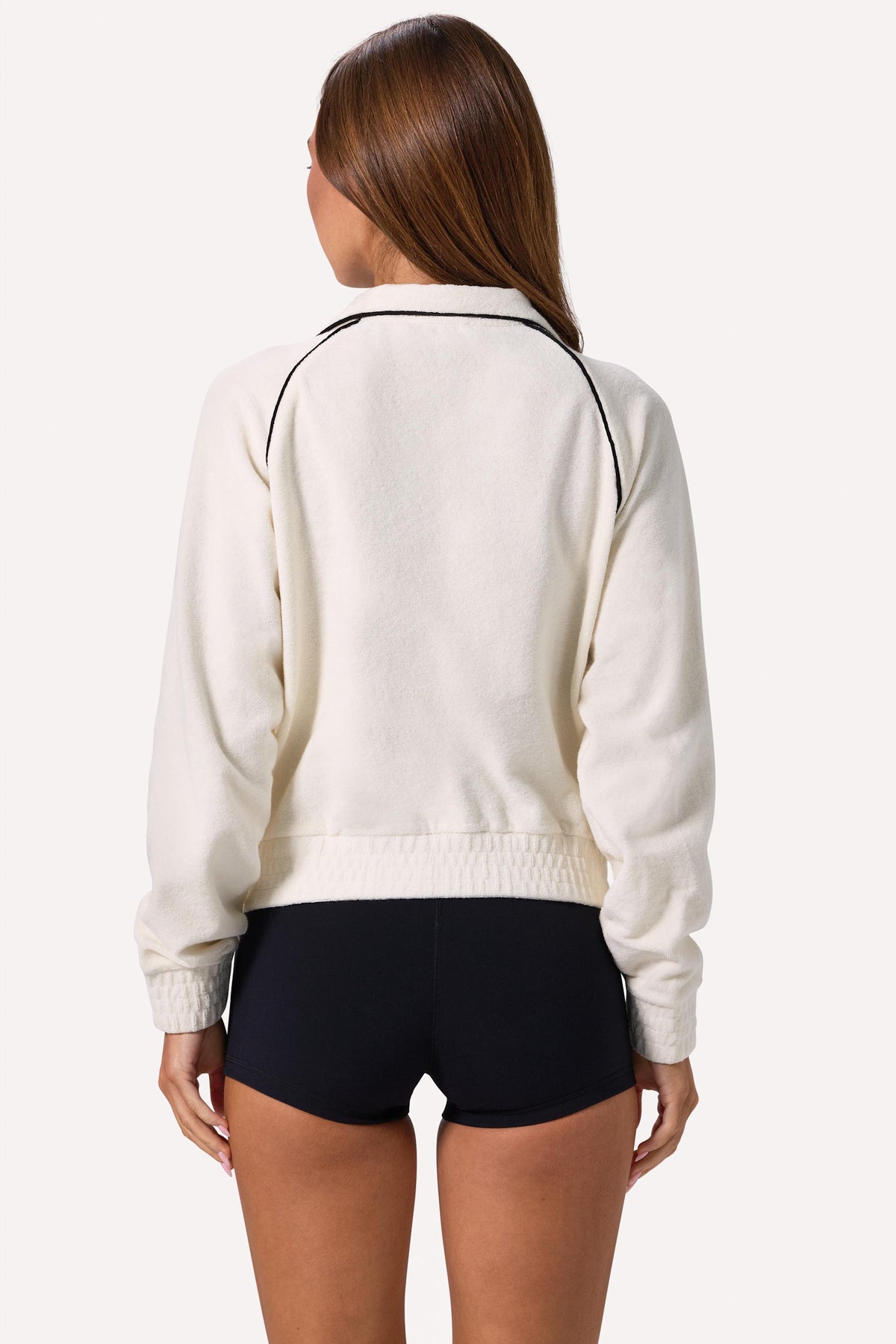 ⁣⁢Terry-Frottee Reißverschluss Cropped Sweatshirt in Ivory⁤⁣