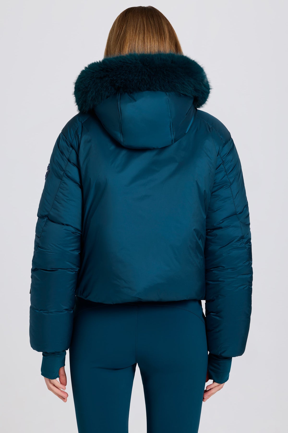 ⁣⁢Wasserdichte Cropped-Skijacke mit Kunstfellkapuze in Teal⁤⁣ - 2