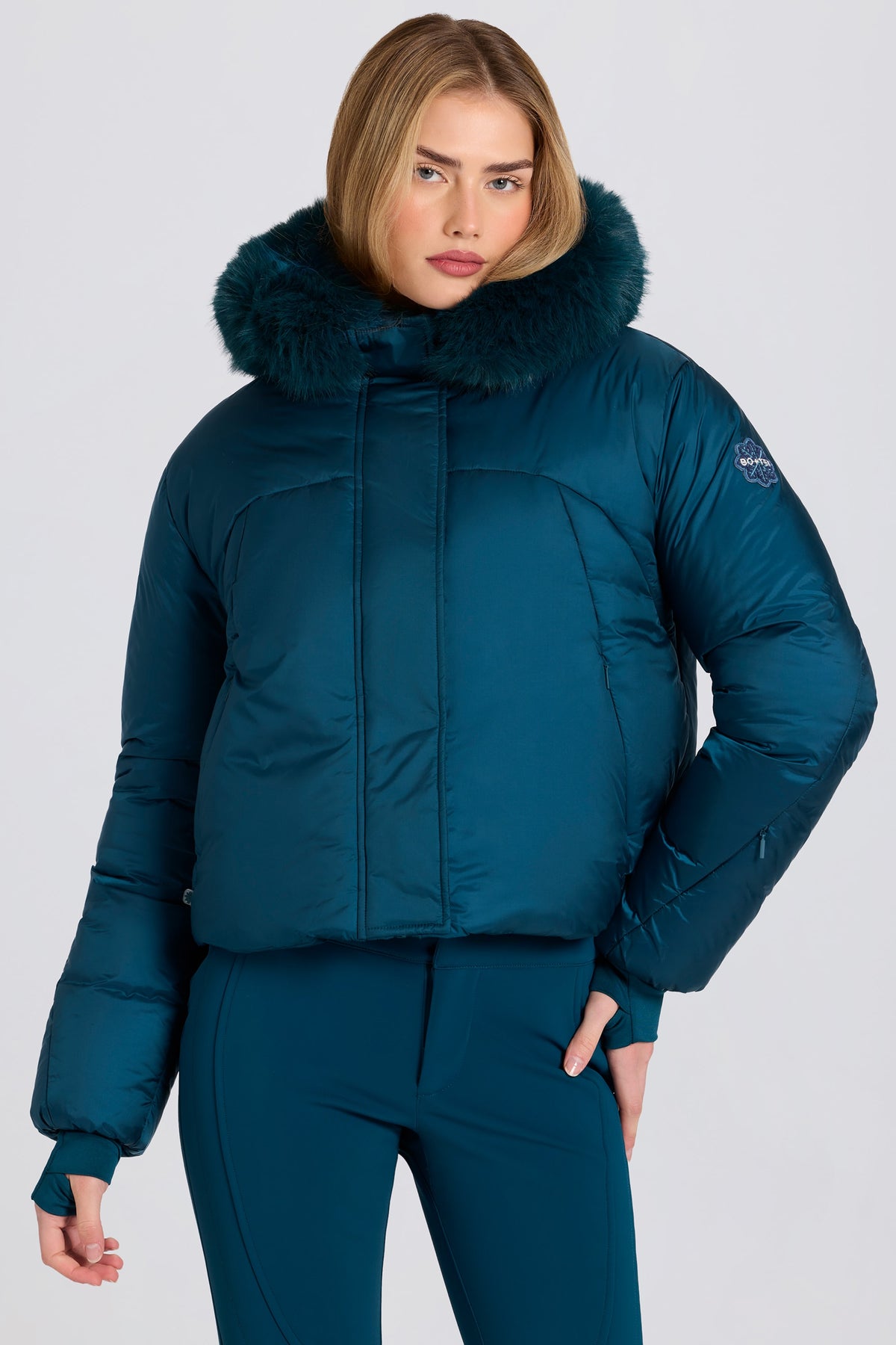 ⁣⁢Wasserdichte Cropped-Skijacke mit Kunstfellkapuze in Teal⁤⁣ - 1