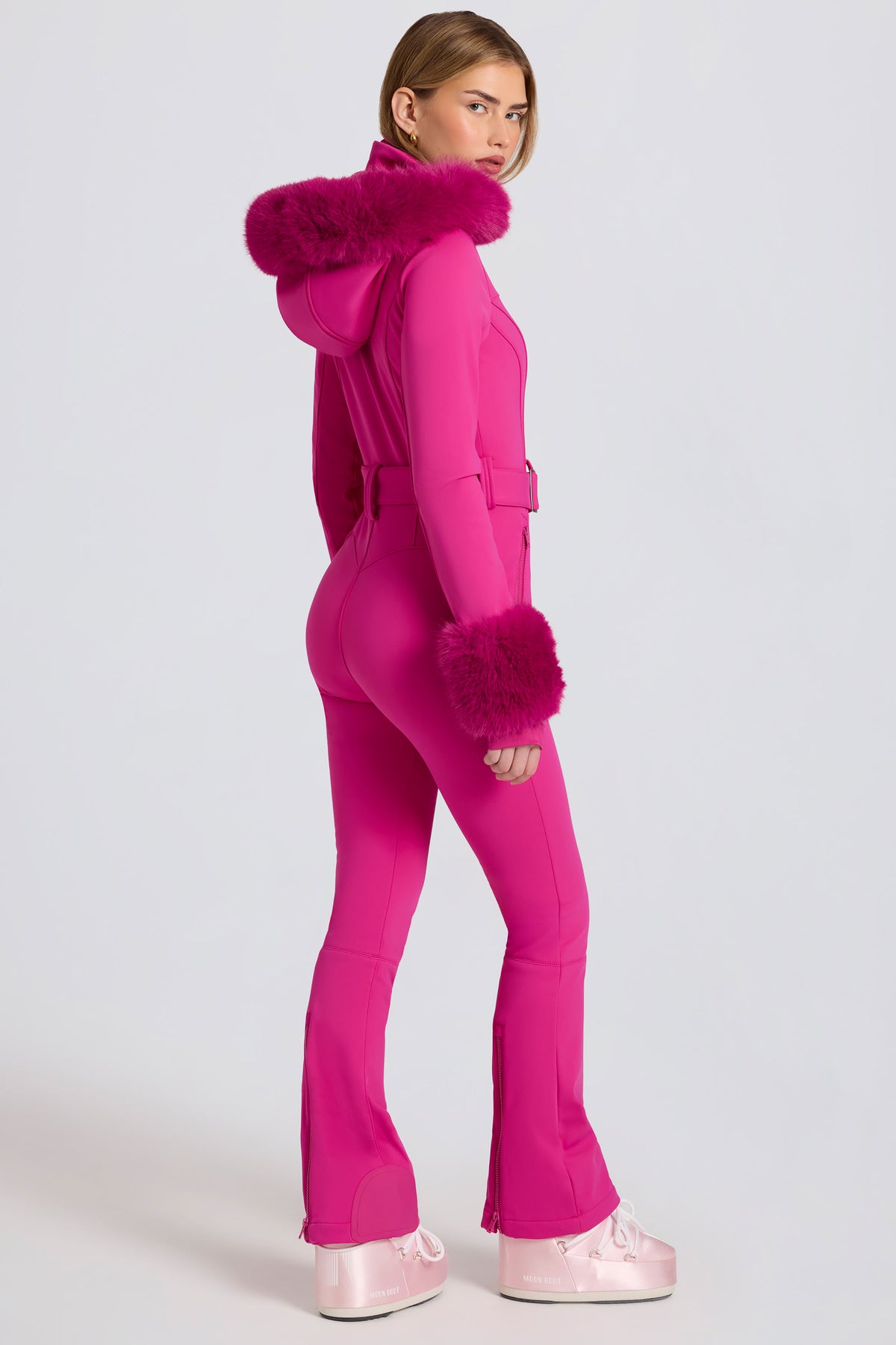 ⁣⁢Wasserdichte Kunstfell-Kapuzen-Skijacke in Magenta Pink⁤⁣ - 2