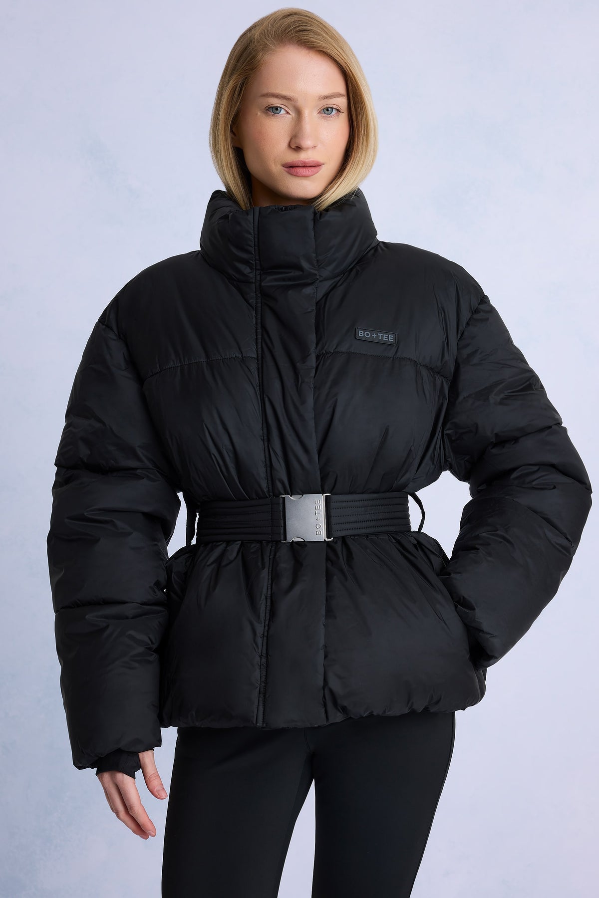 ⁣⁢Wasserdichte, Gürtel-Oversized-Skijacke in Schwarz⁤⁣ - 1