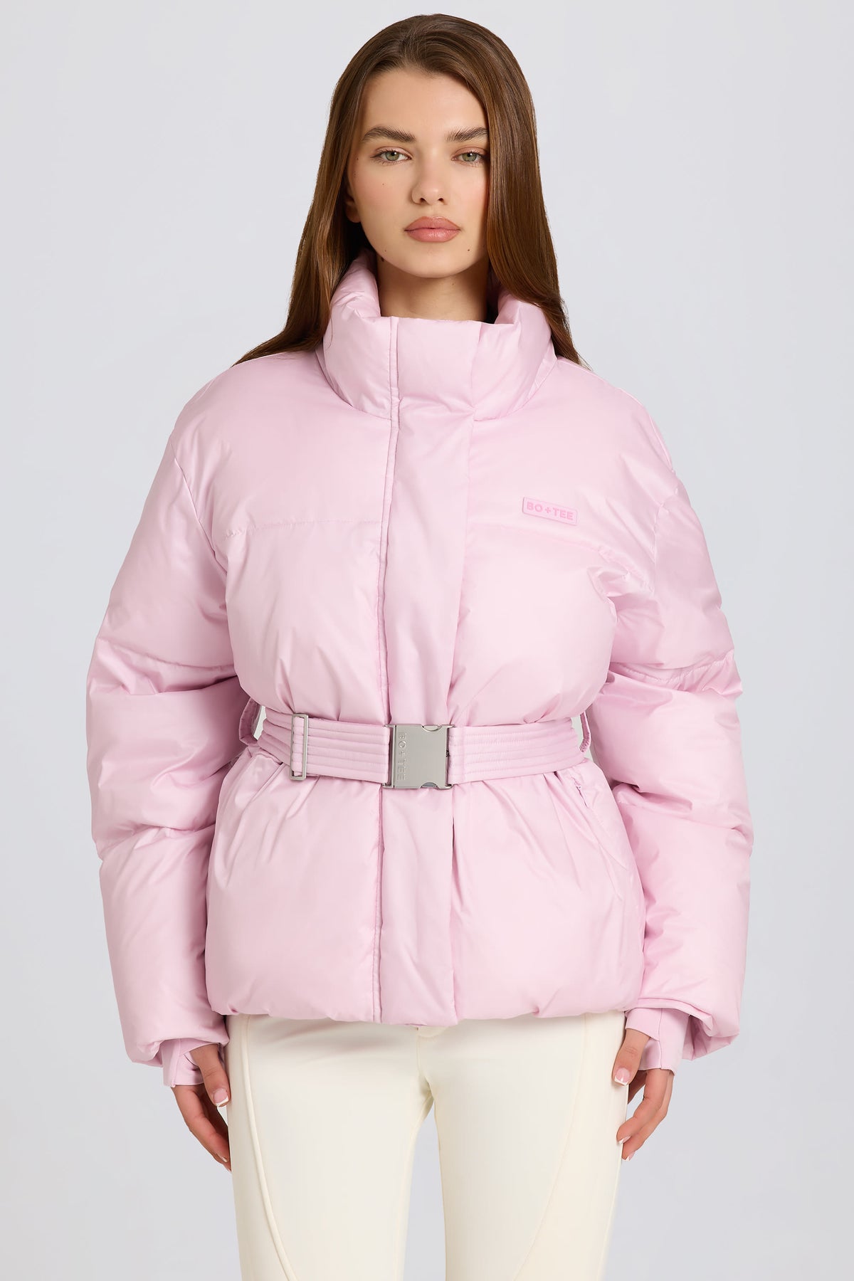 ⁣⁢Wasserdichte Oversized-Skijacke mit Gürtel in Puderrosa⁤⁣