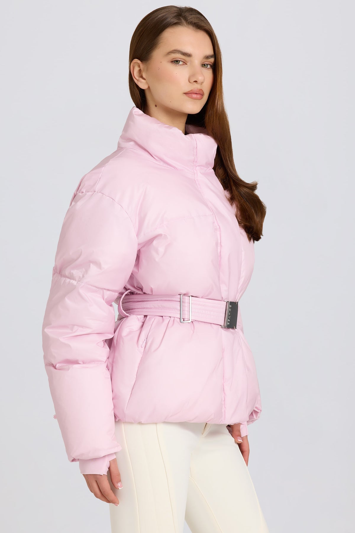 ⁣⁢Wasserdichte Oversized-Skijacke mit Gürtel in Puderrosa⁤⁣