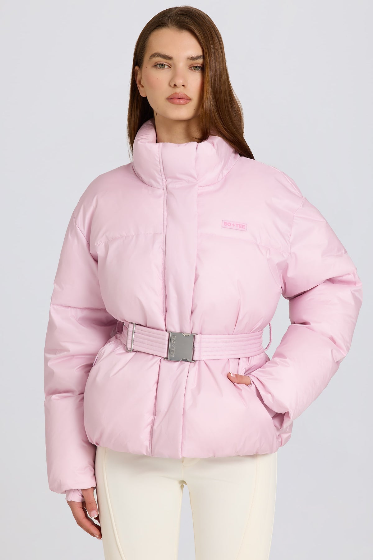⁣⁢Wasserdichte, Gürtel-Oversized-Skijacke in Powder Pink⁤⁣ - 1
