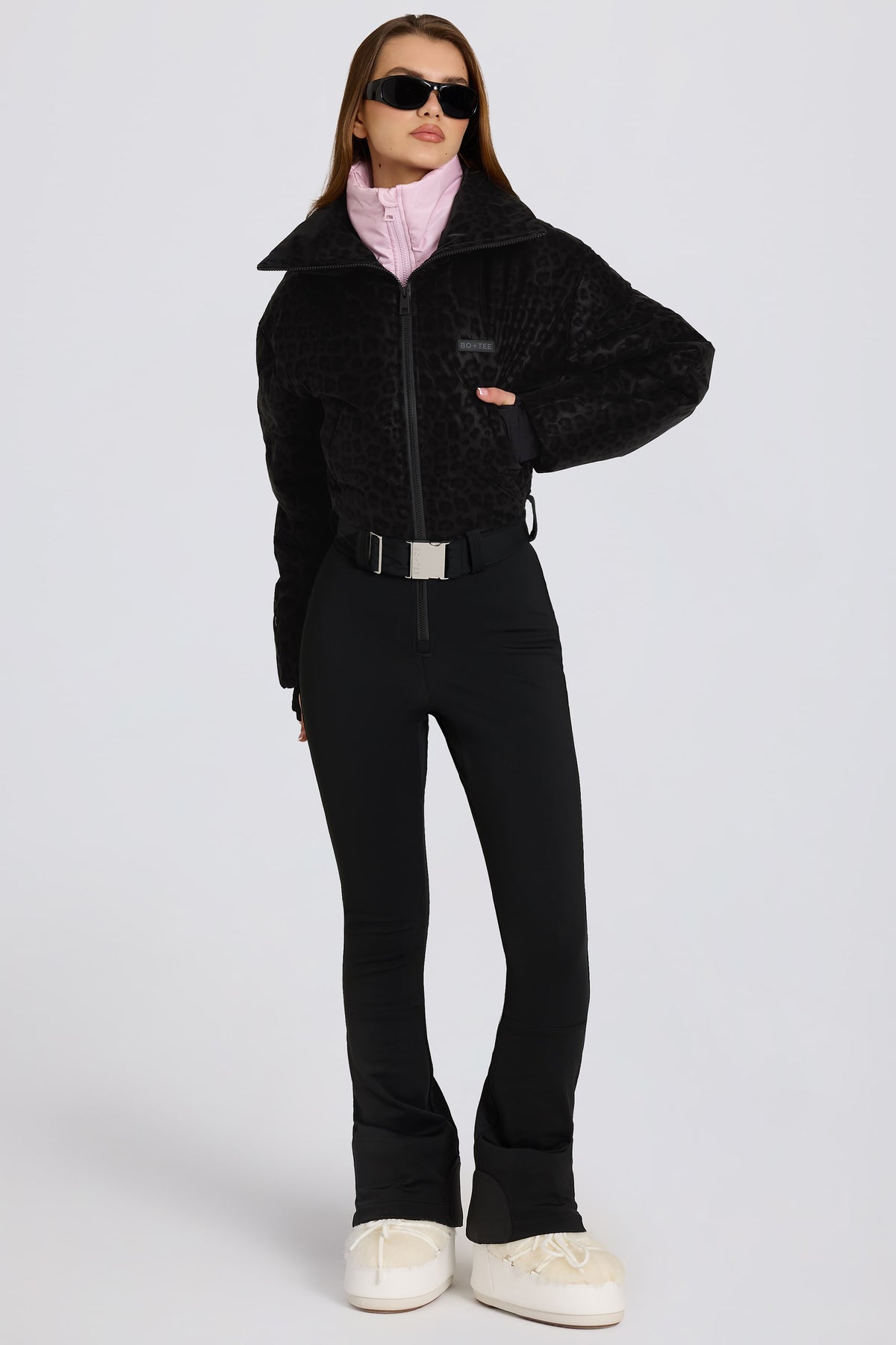 ⁣⁢Wasserdichter Skianzug mit Gürtel und Lagen-Look in Black Leopard⁤⁣ - 1