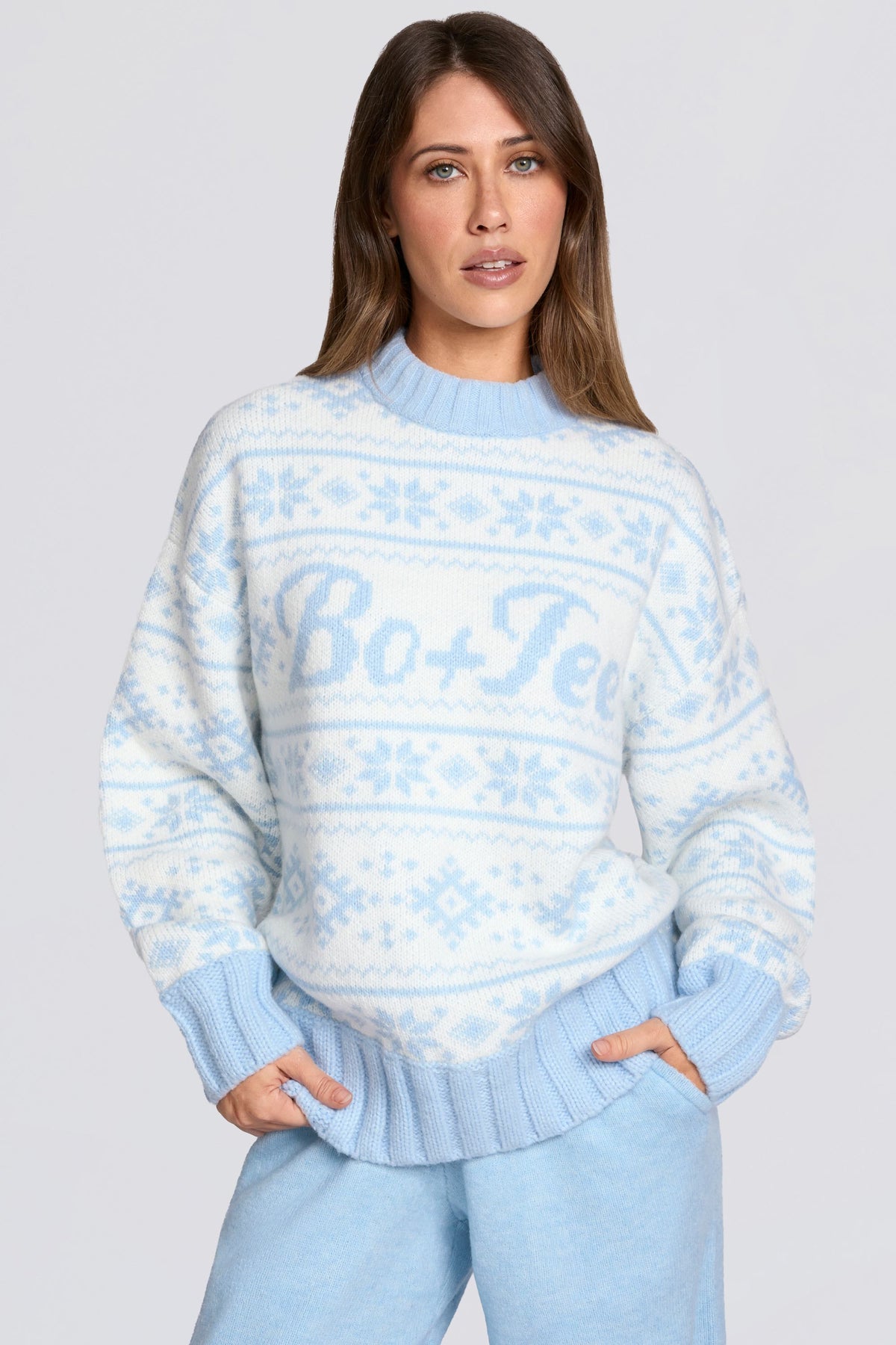 ⁣⁢Oversized-Pullover aus Jacquard-Strick in Puderblau⁤⁣