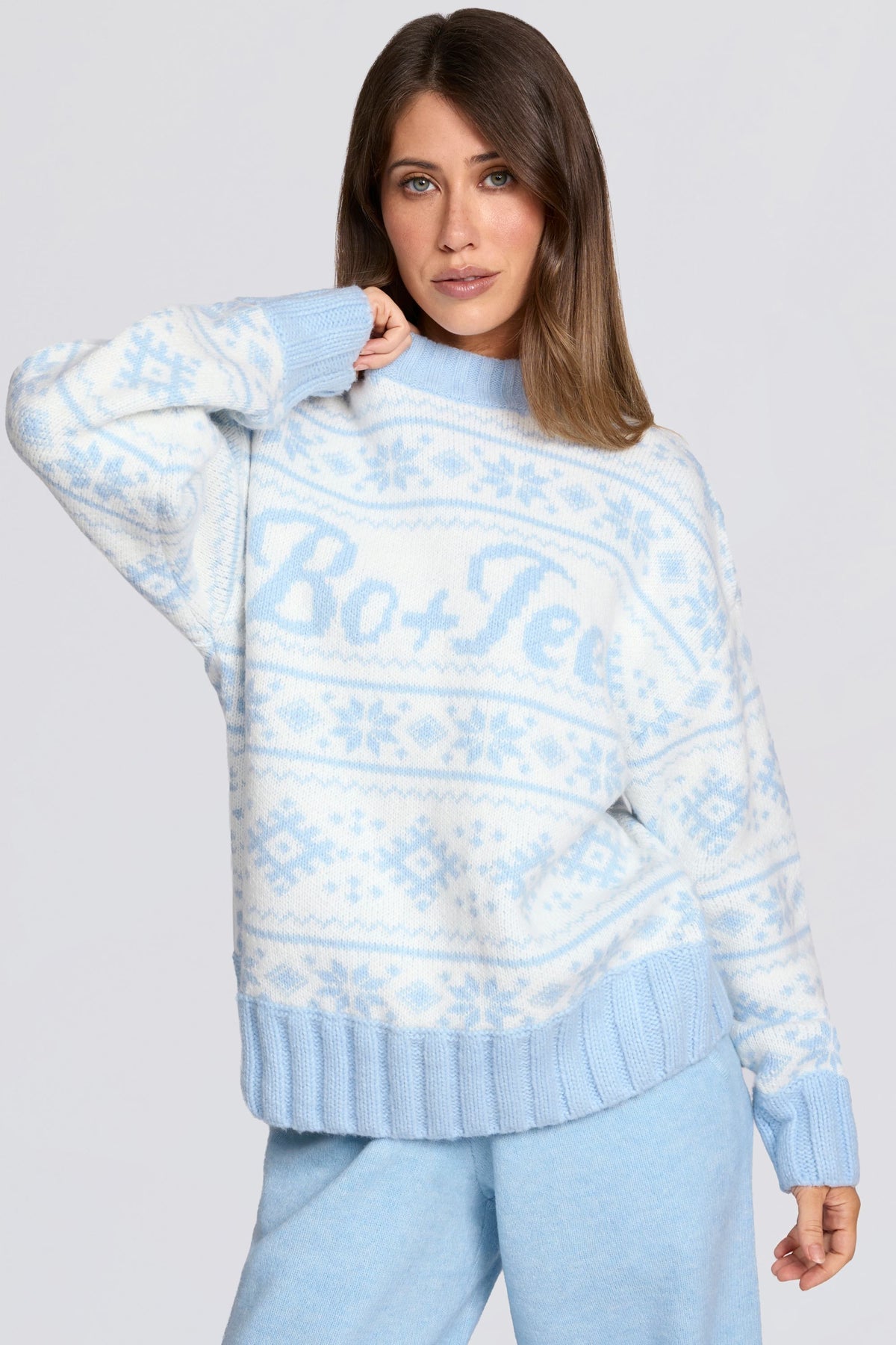 ⁣⁢Oversized-Pullover aus Jacquard-Strick in Puderblau⁤⁣