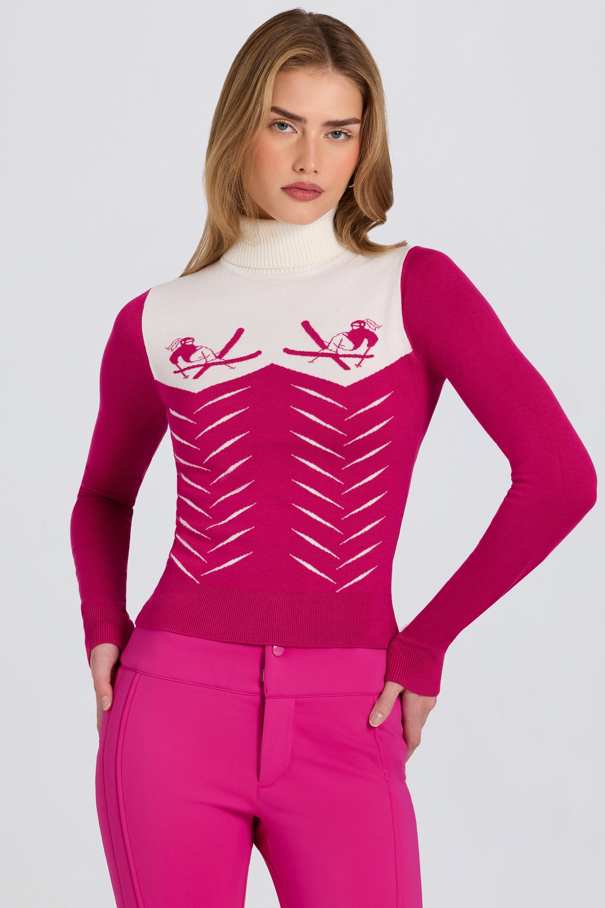 ⁣⁢Figurbetontes Strick-Langarmshirt in Magenta⁤⁣