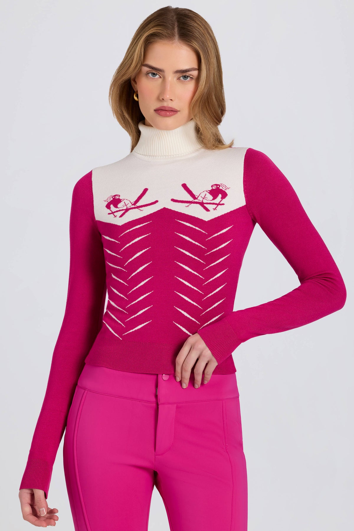 ⁣⁢Figurbetontes Strick-Langarmshirt in Magenta⁤⁣