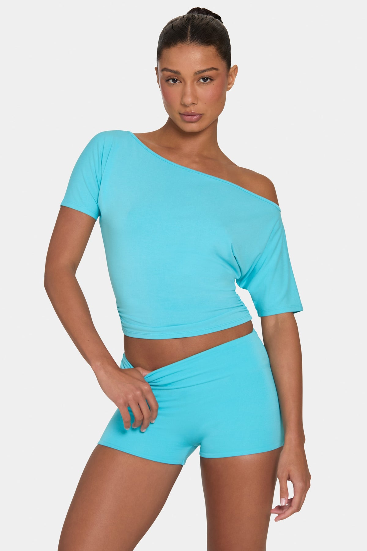 ⁣⁢ButterCloud™ lässiges Off-Shoulder-Oberteil in Aqua⁤⁣