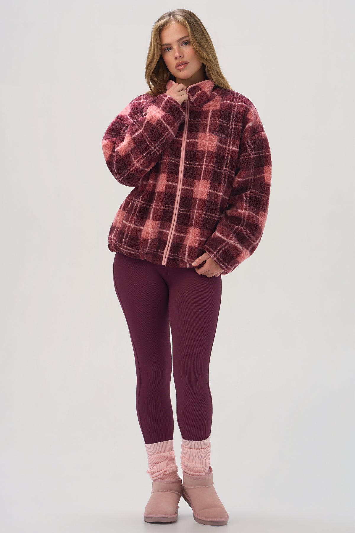 ⁣⁢Oversized Reißverschluss-Fleece in Plum Plaid⁤⁣ - 1