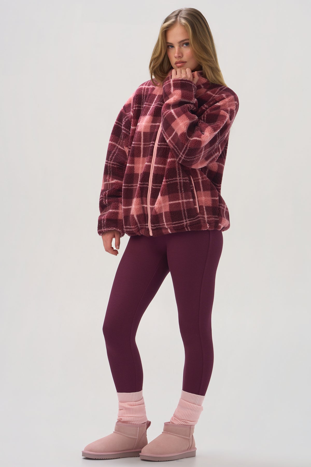 ⁣⁢Oversized Reißverschluss-Fleece in Plum Plaid⁤⁣ - 2