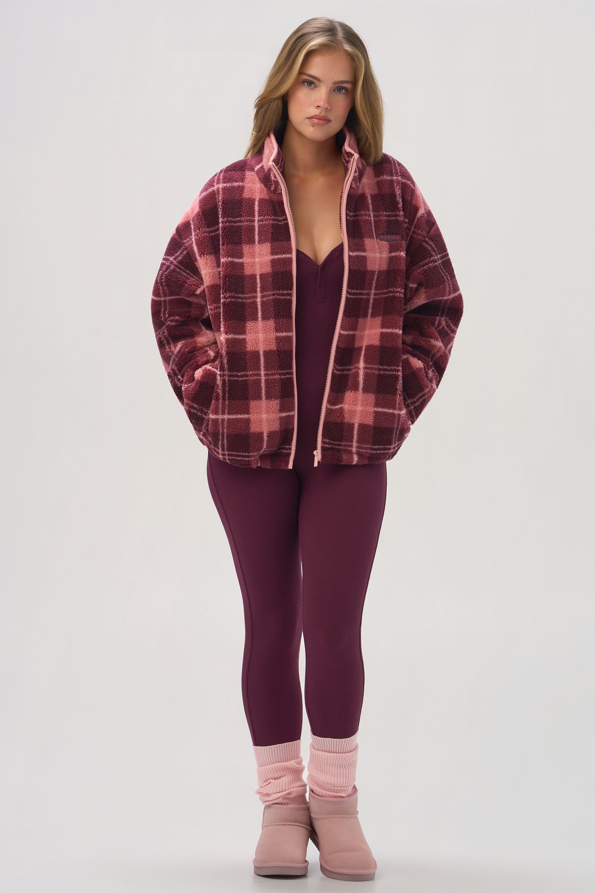 ⁣⁢Oversized-Fleecejacke mit Reißverschluss im Pflaumen-Karo⁤⁣