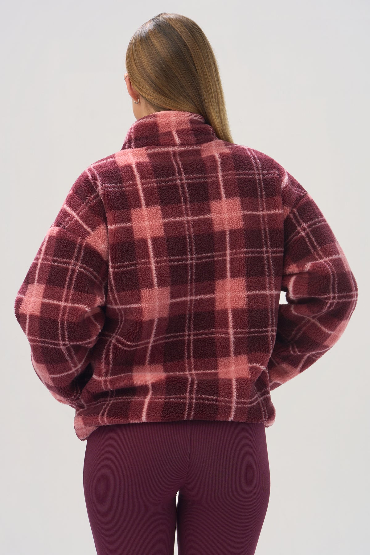 ⁣⁢Oversized-Fleecejacke mit Reißverschluss im Pflaumen-Karo⁤⁣