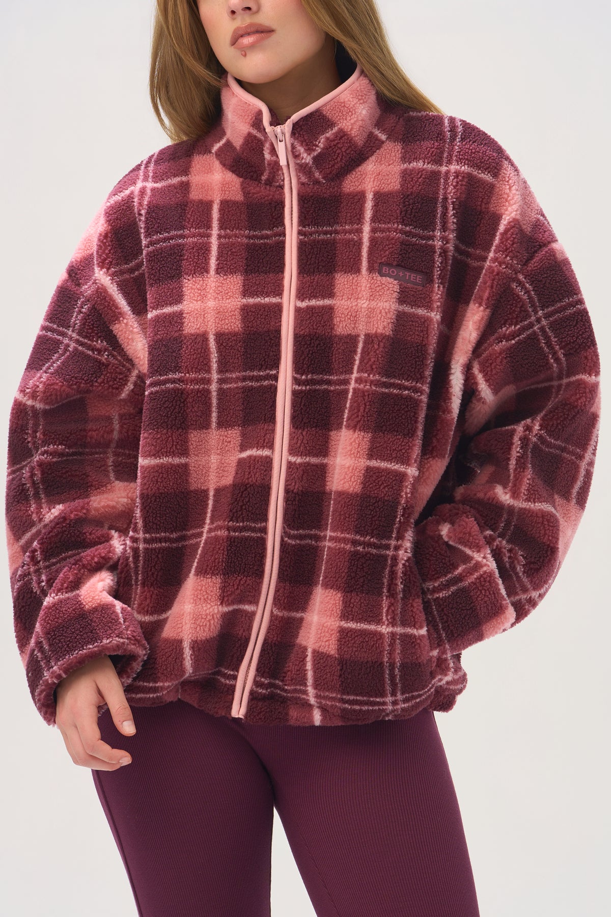 ⁣⁢Oversized-Fleecejacke mit Reißverschluss im Pflaumen-Karo⁤⁣