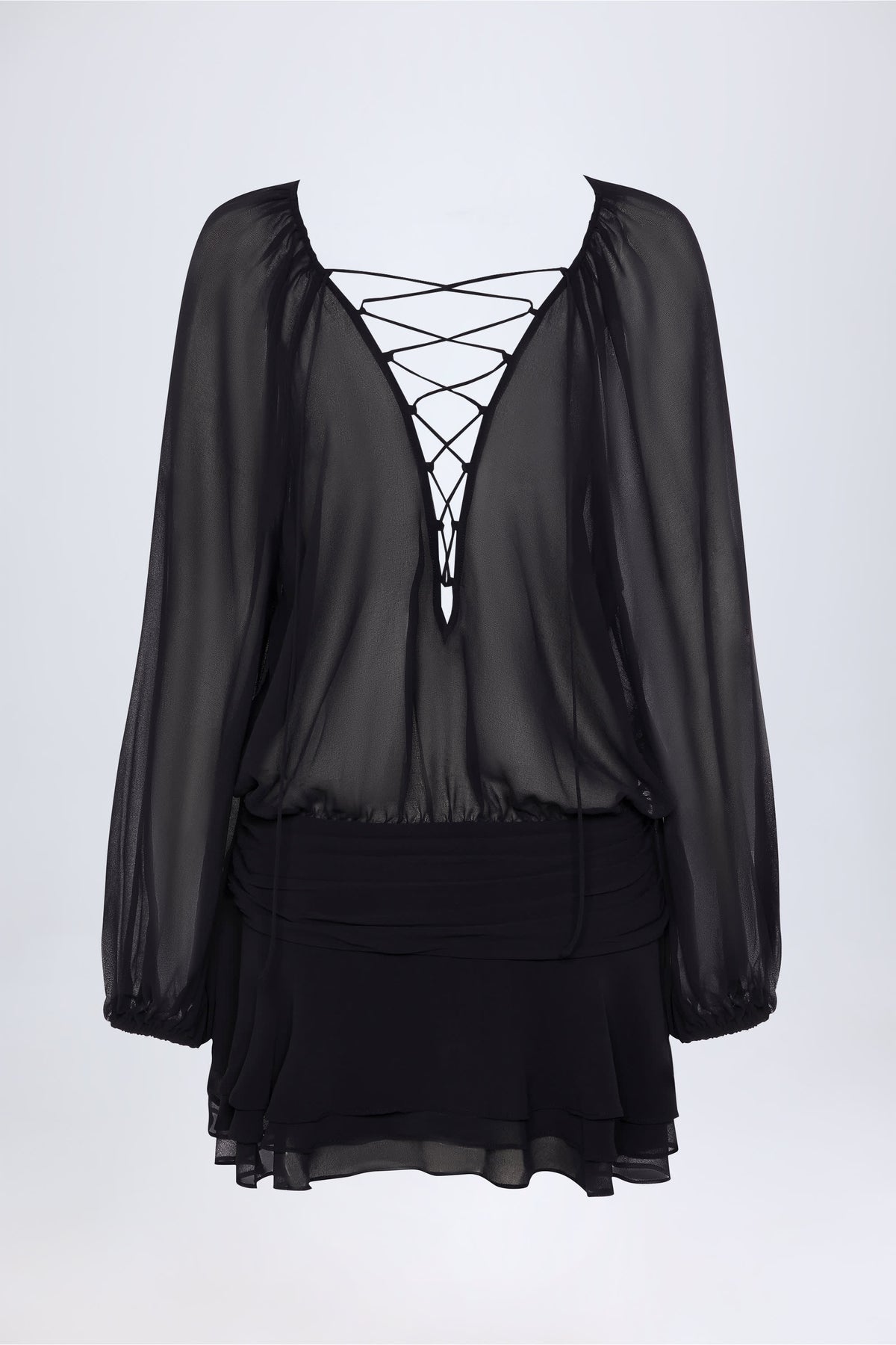 ⁣⁢Schnür-Minikleid mit Ballonärmeln in Schwarz⁤⁣
