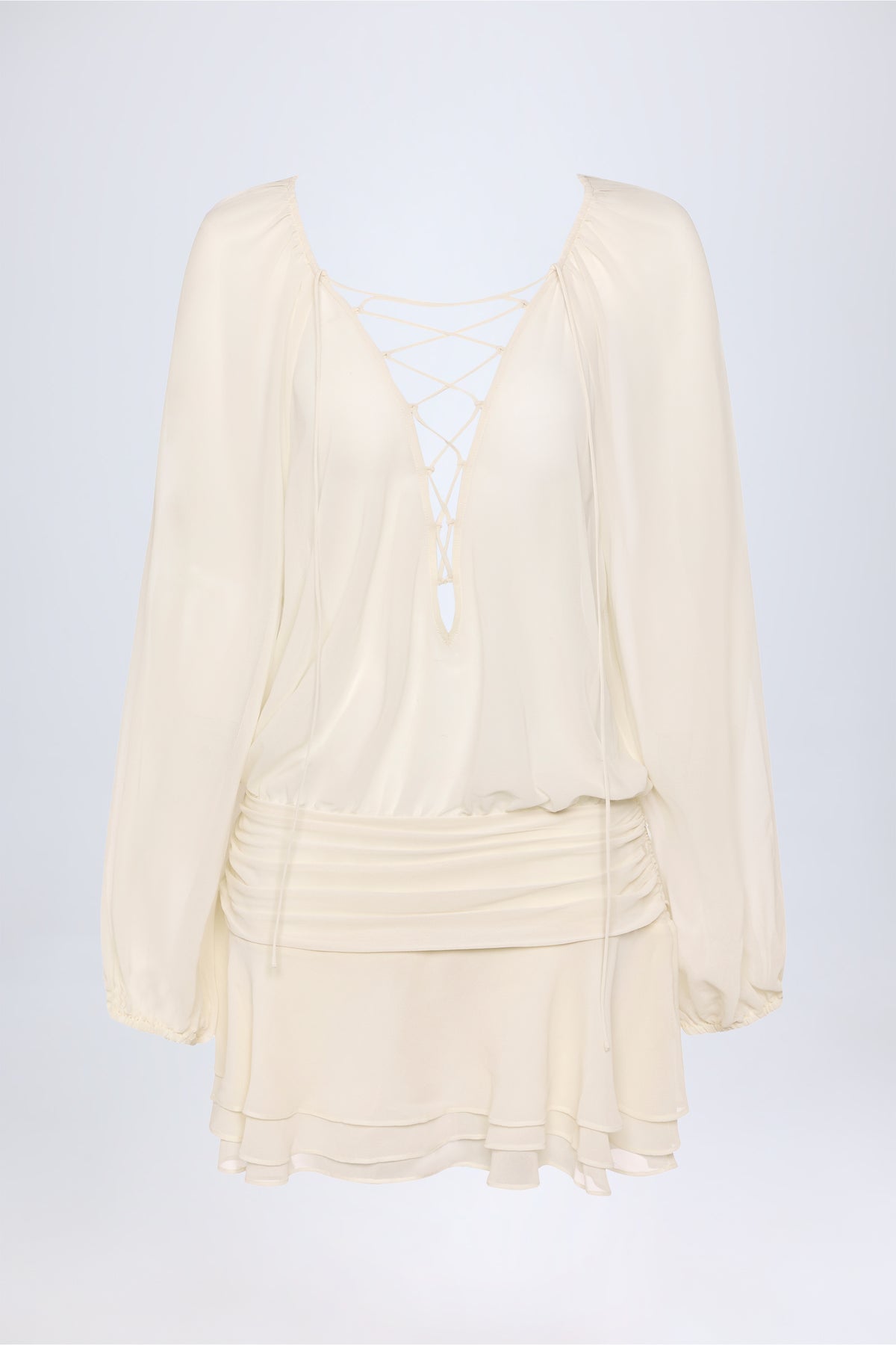 ⁣⁢Schnür-Ballonärmel-Minikleid in Ivory⁤⁣