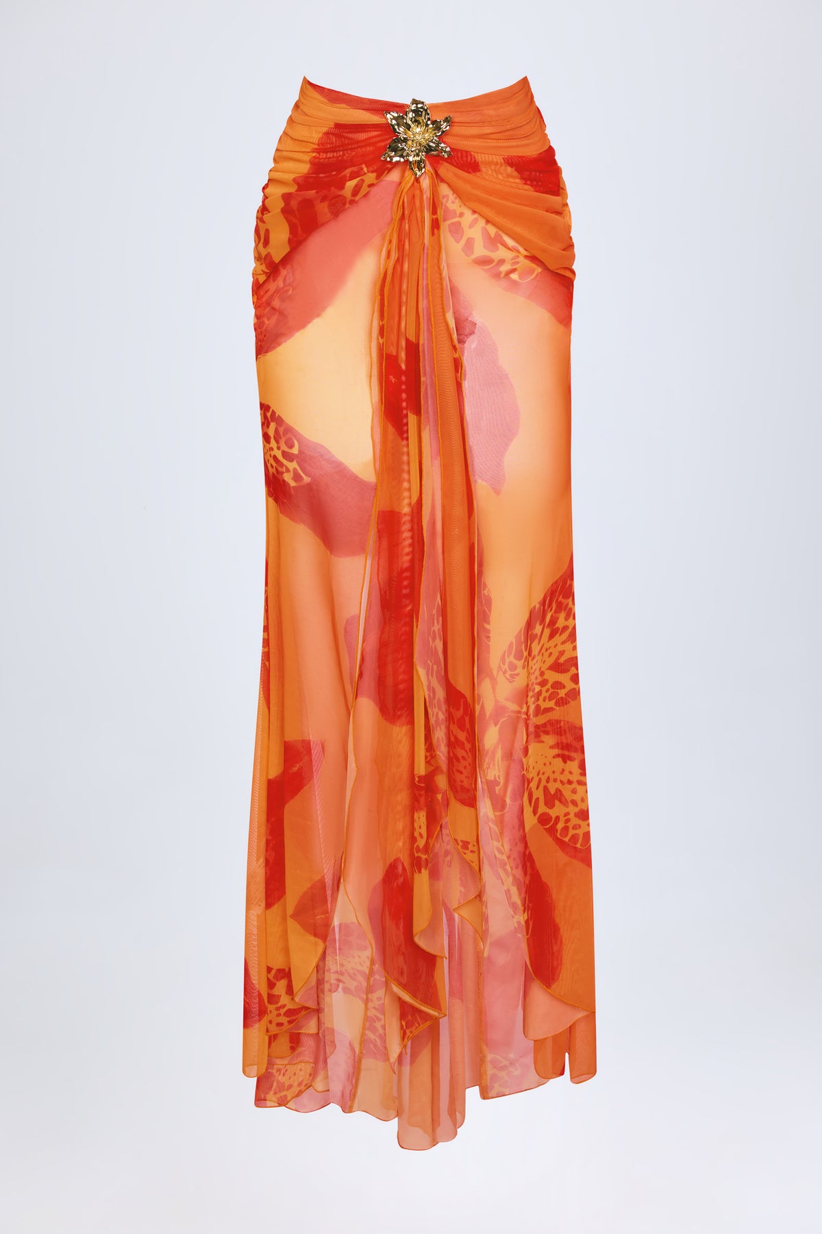⁣⁢Gerüschter Hardware-Detail Fishtail Maxi Rock im Orange Orchid Print⁤⁣