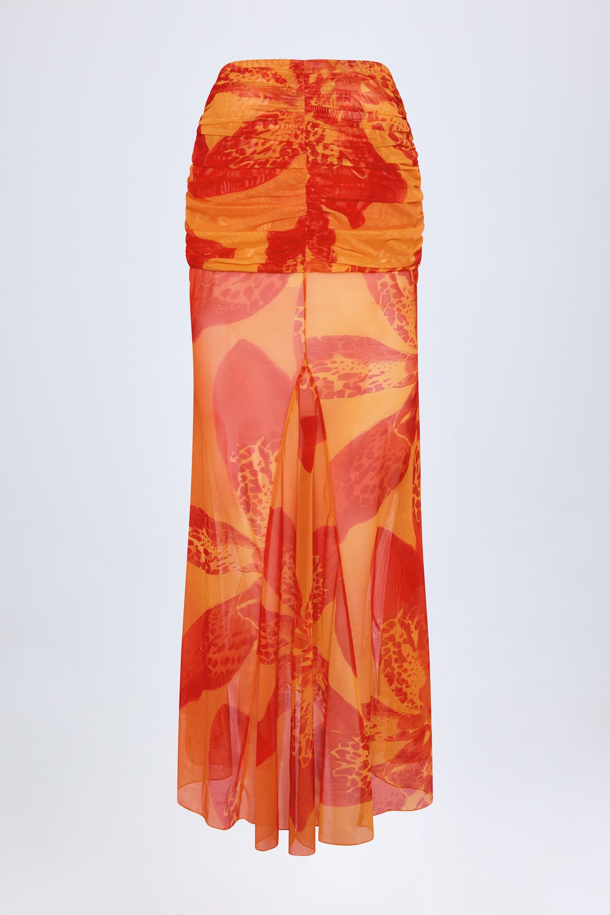 ⁣⁢Gerüschter Hardware-Detail Fishtail Maxi Rock im Orange Orchid Print⁤⁣