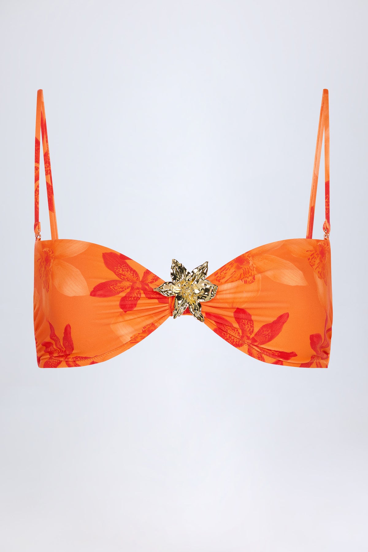 ⁣⁢Neckholder-Bikinioberteil mit Metalldetail im orangefarbenen Orchideenmuster⁤⁣